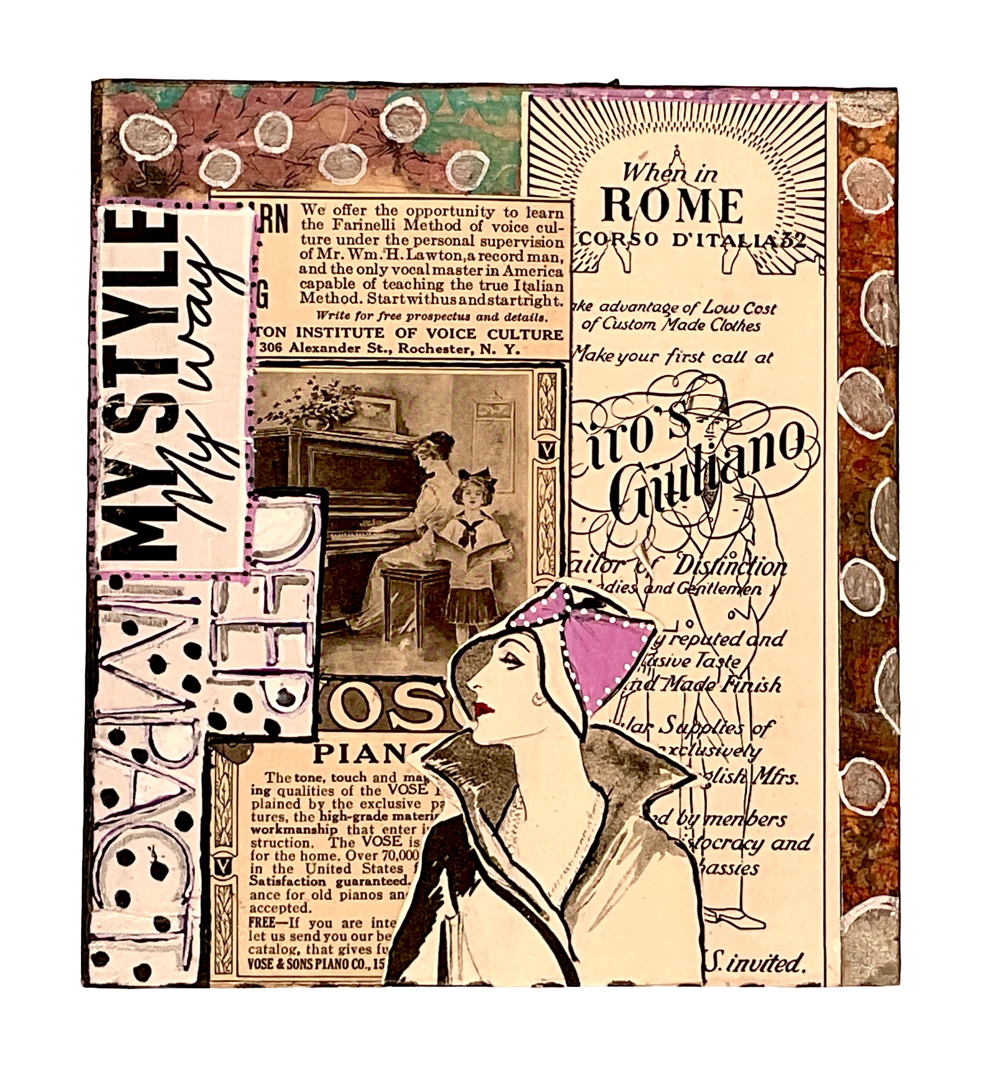 A detailed side panel featuring bold "MY STYLE My Way" typography, "When in ROME" fashion tailoring ads, and classic Vose Piano prints.