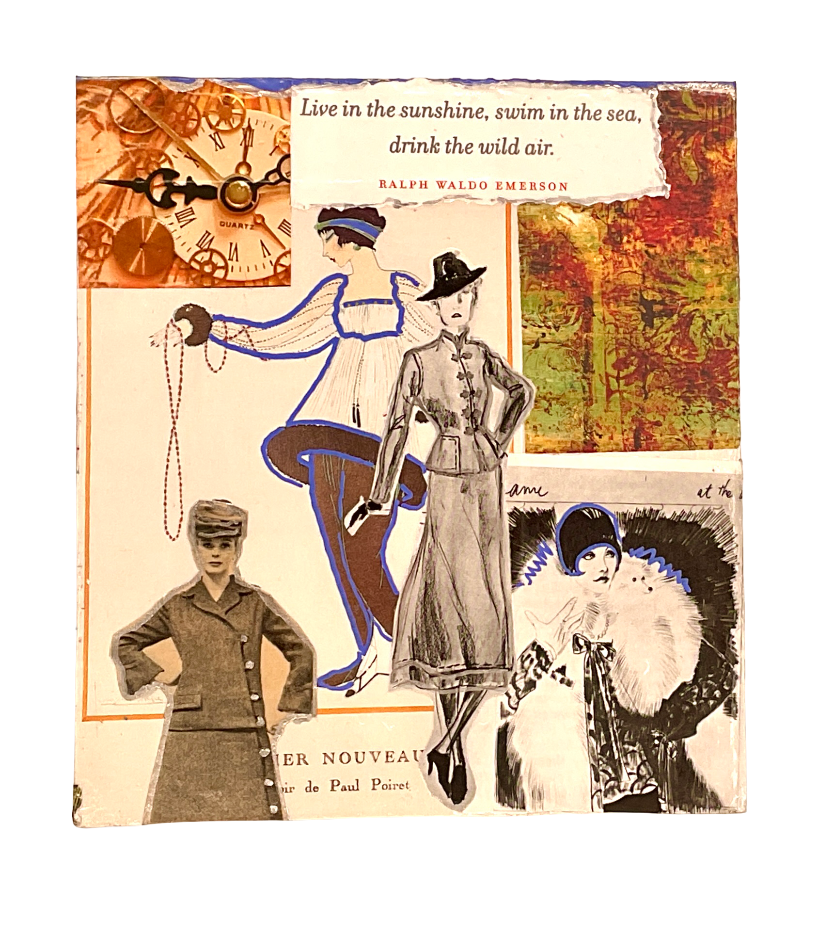 A detailed panel view featuring the printed quote "Live in the sunshine, swim in the sea, drink the wild air" by Ralph Waldo Emerson, clock gears, and vintage Paul Poiret fashion illustrations.