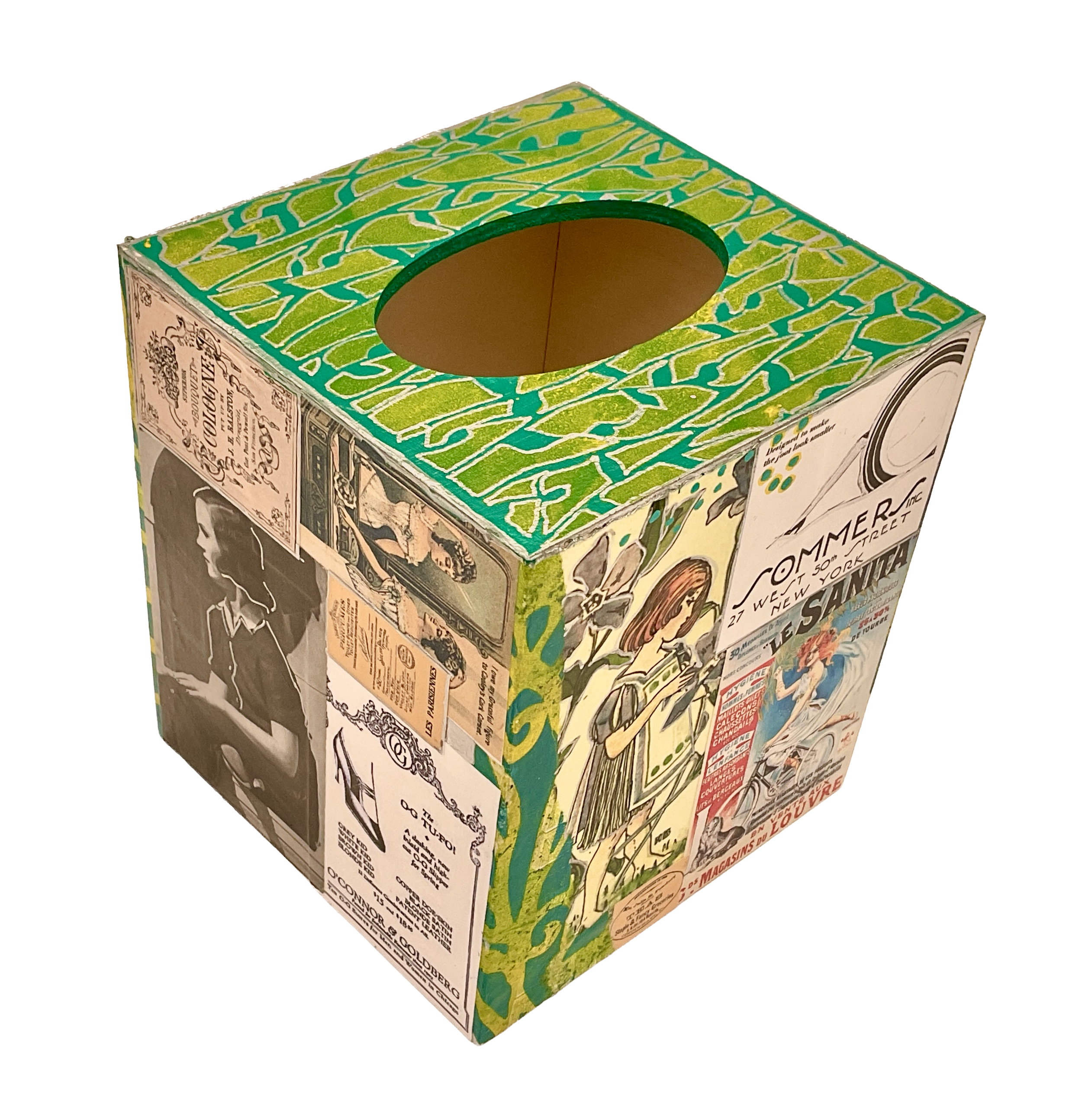 Three-quarter angle views of a square decoupage tissue box cover featuring a collage of vintage shoe and clothing ads, French fashion graphics, and a hand-painted green mosaic top pattern.