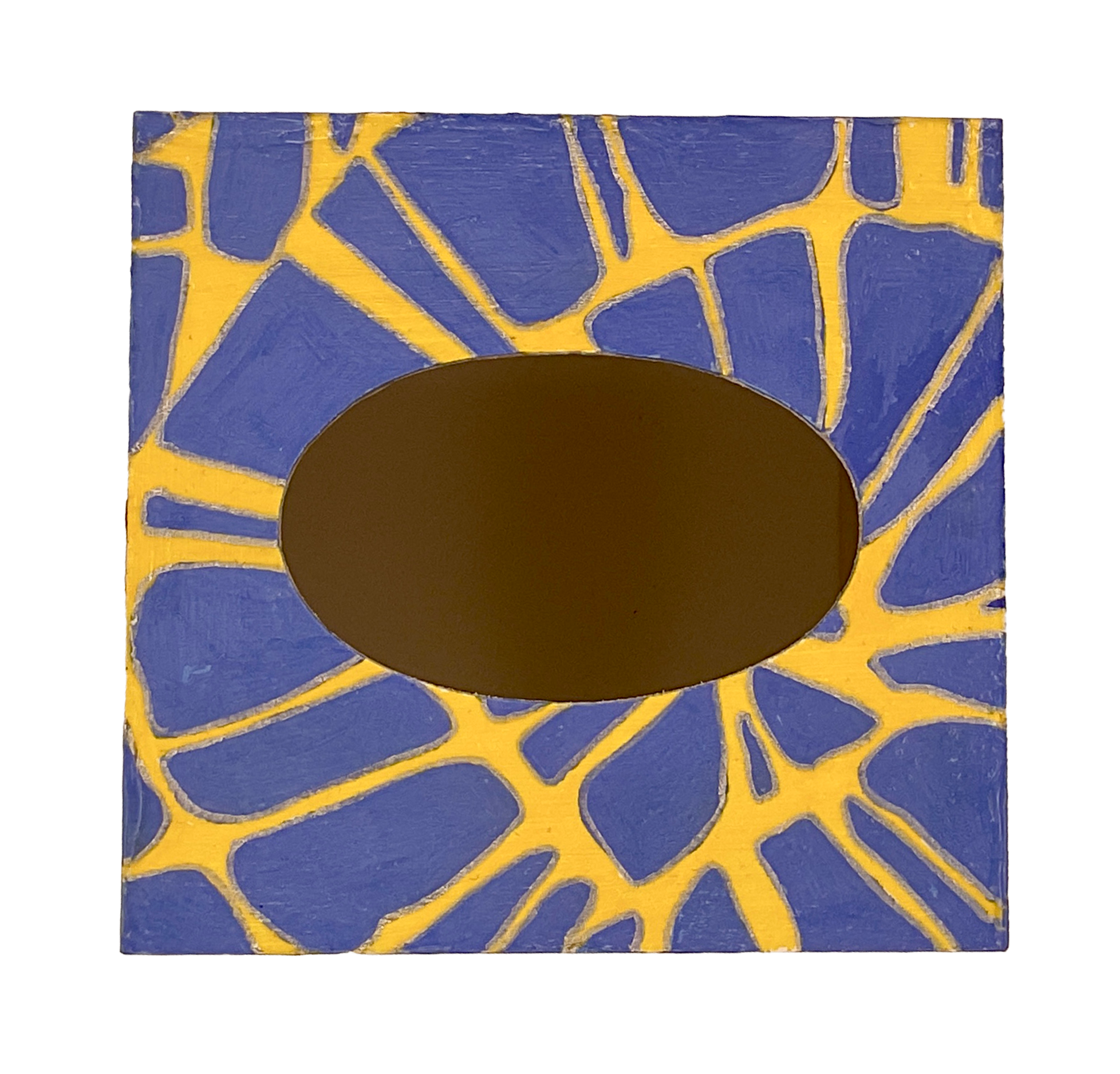 A top-down overhead view of the square tissue box cover showing the hand-painted periwinkle-blue geometric mosaic pattern with bright yellow borders and an oval tissue opening.