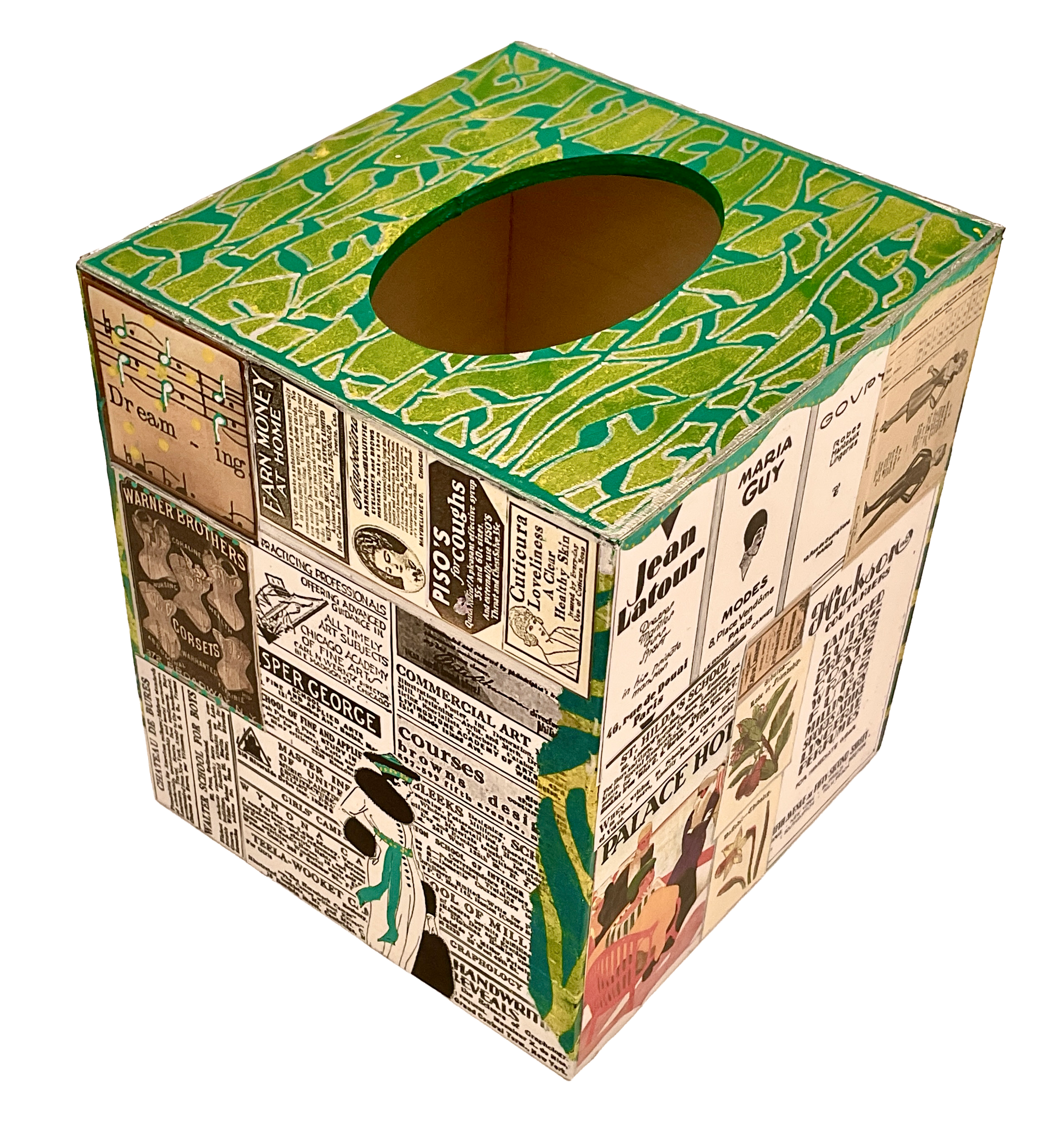Alternate angle perspectives showing side panels covered in vintage newspaper ad clippings, school directory listings, and Parisian couture labels set against a bright green background.