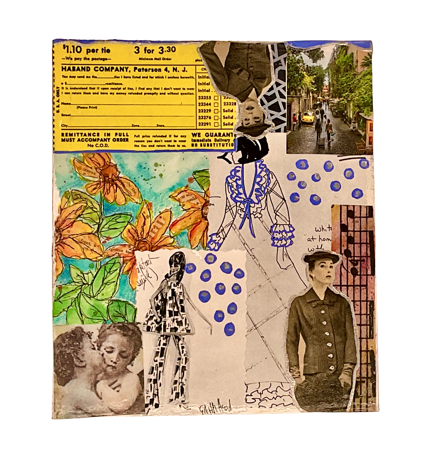 A detailed side panel view featuring a yellow "Haband Company" order form clipping, orange flower illustrations, and retro fashion figures.