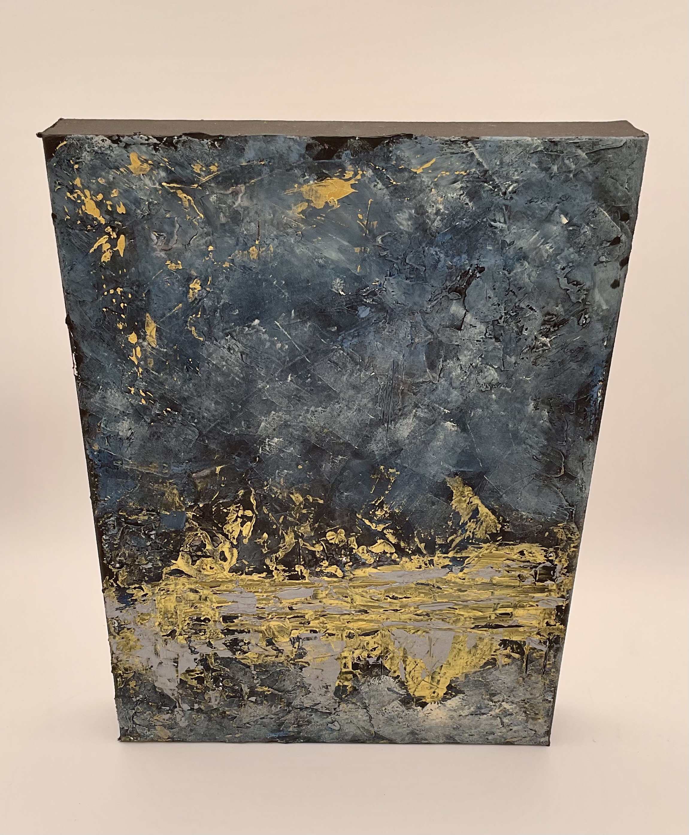 Modern abstract art in deep blue and gold, titled "shock wave" with dynamic textures and bold composition.