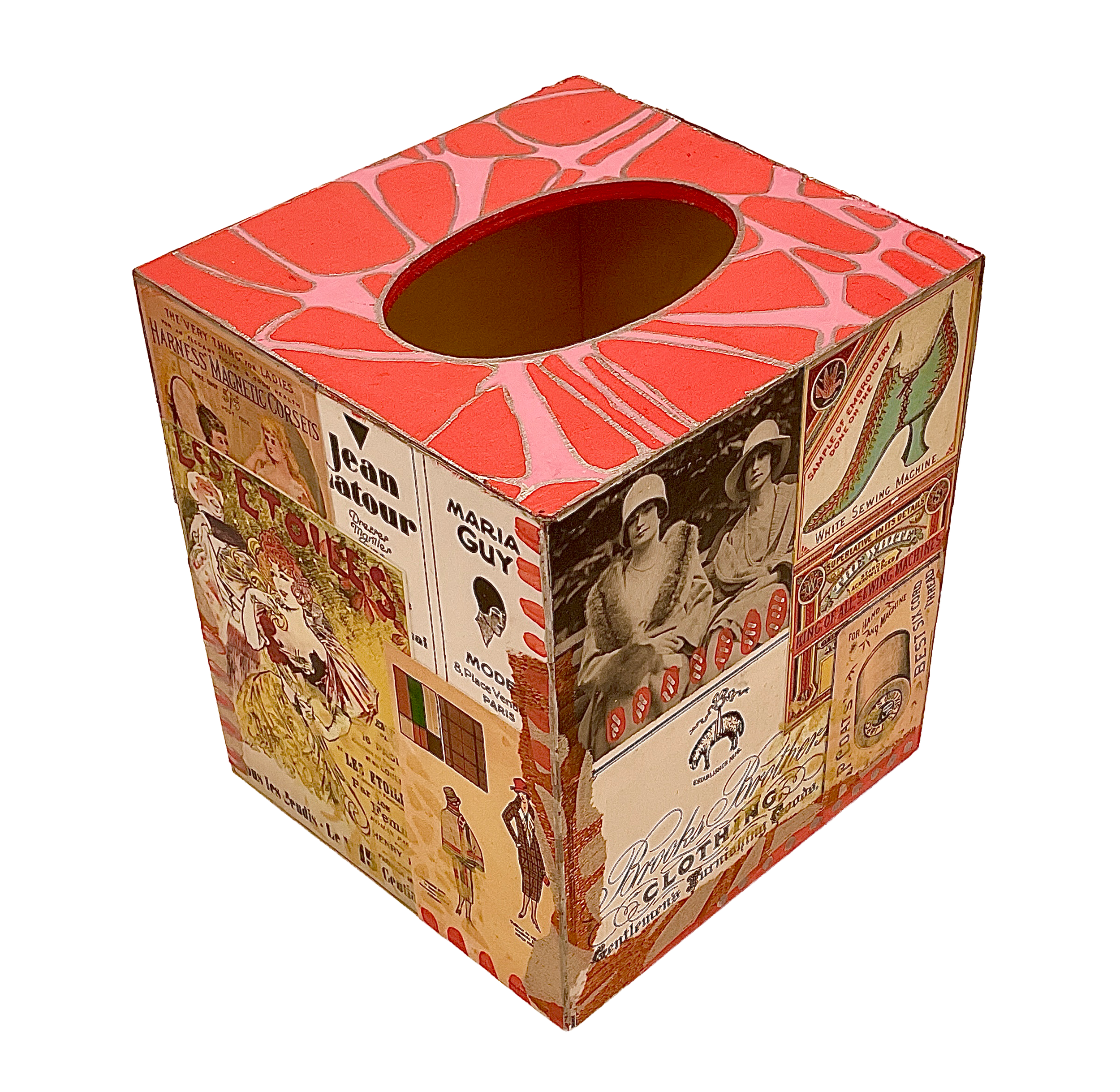 A side view of the decoupage tissue box cover showing vintage ads for 'Brooks Brothers Clothing' and 'White Sewing Machines', alongside other retro graphics.