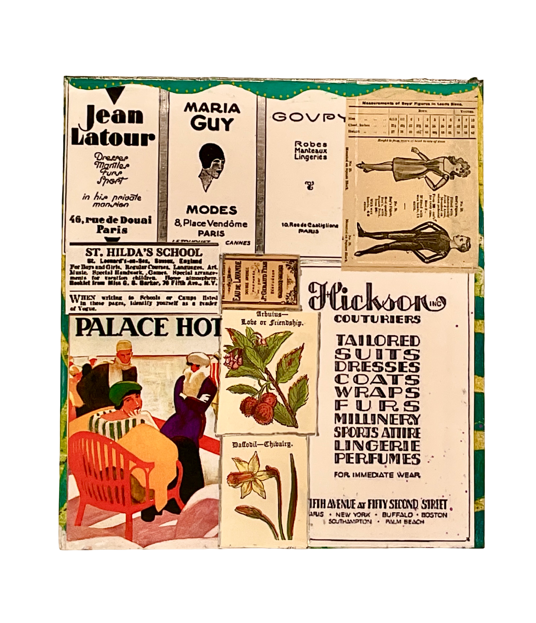 A detailed flat view of one side panel featuring vintage Paris fashion labels including "Jean Latour", "Maria Guy", and "Hickson Couturiers" alongside a botanical illustration.