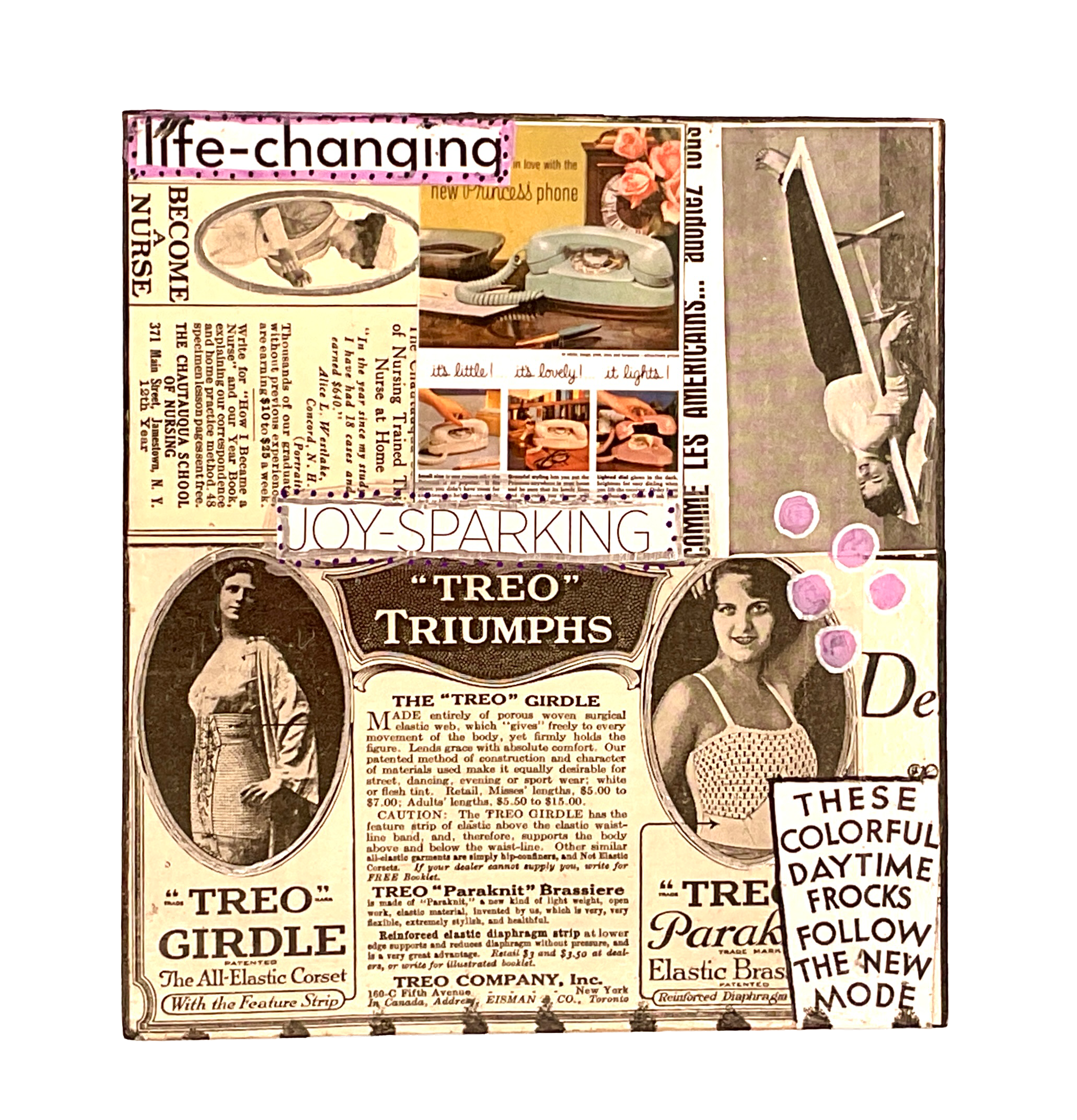 A detailed flat view of a side panel featuring a vintage "TREO Triumphs" girdle advertisement, retro phone art, and fashion model cutouts.