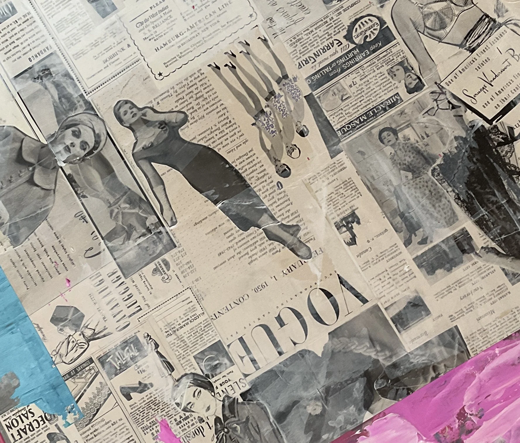 Background layer featuring authentic vintage advertisements from 1950s womens fashion magazines