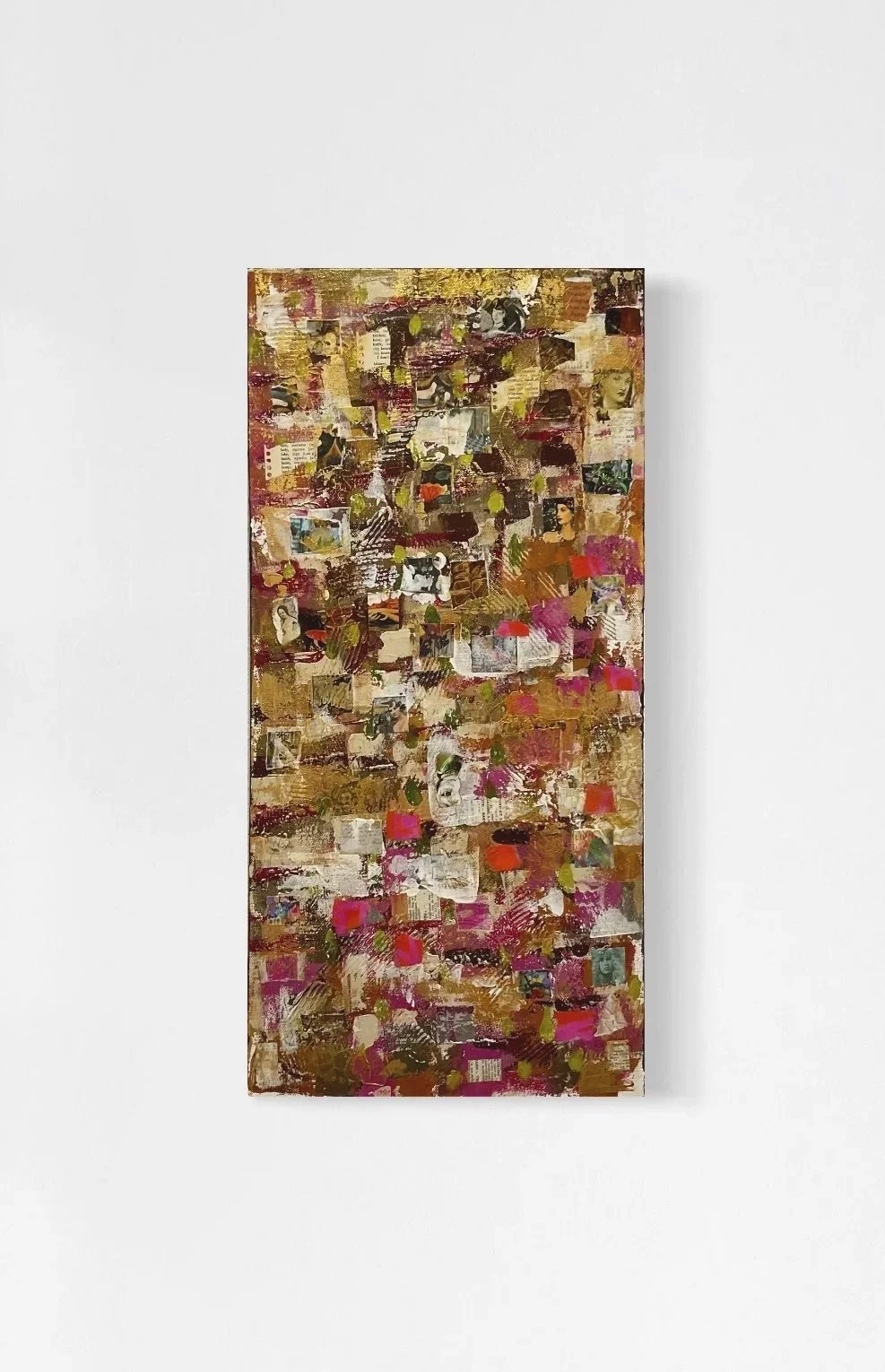 A vertical 12’ x 24” mixed media painting featuring textures of magenta, gold and white with vintage paper fragments embedded in the paint