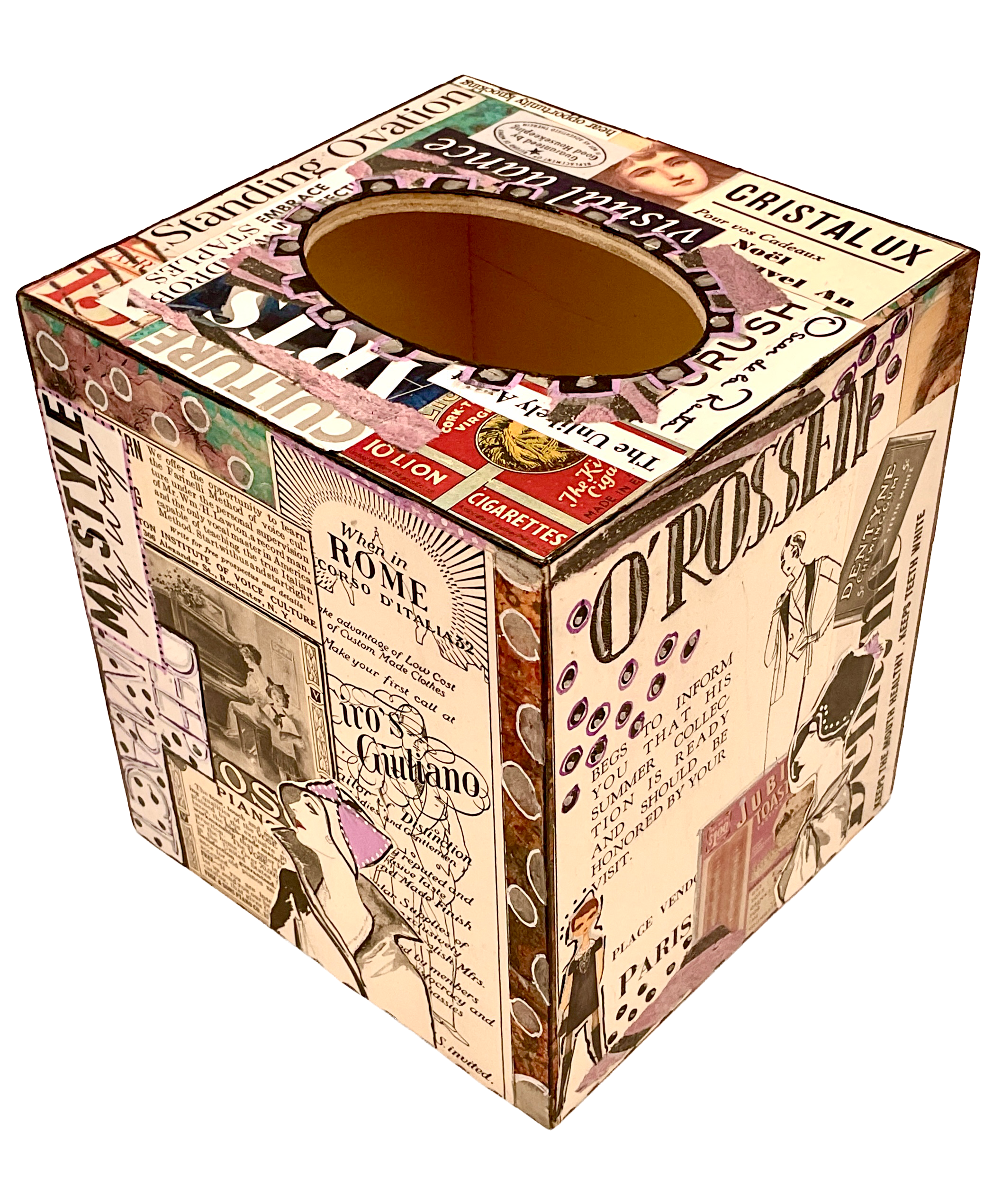 Three-quarter perspective views of a square decoupage tissue box cover featuring dynamic vintage advertisements, bold black-and-white typography, fashion illustrations, and crimson border accents.