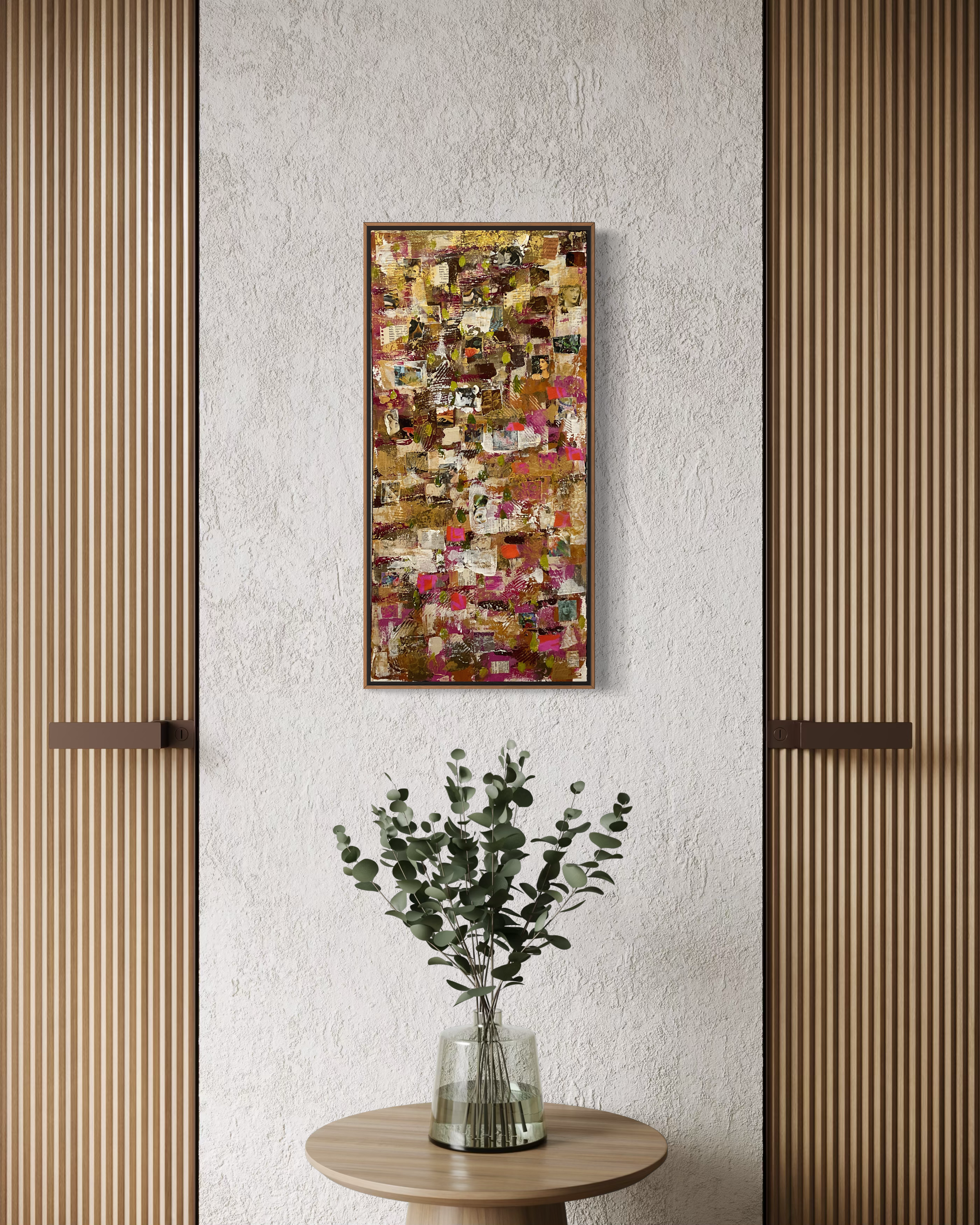 Modern entry way or foyer featuring a 12” x 24” magenta and gold abstract, hanging on a white wall over a small round table