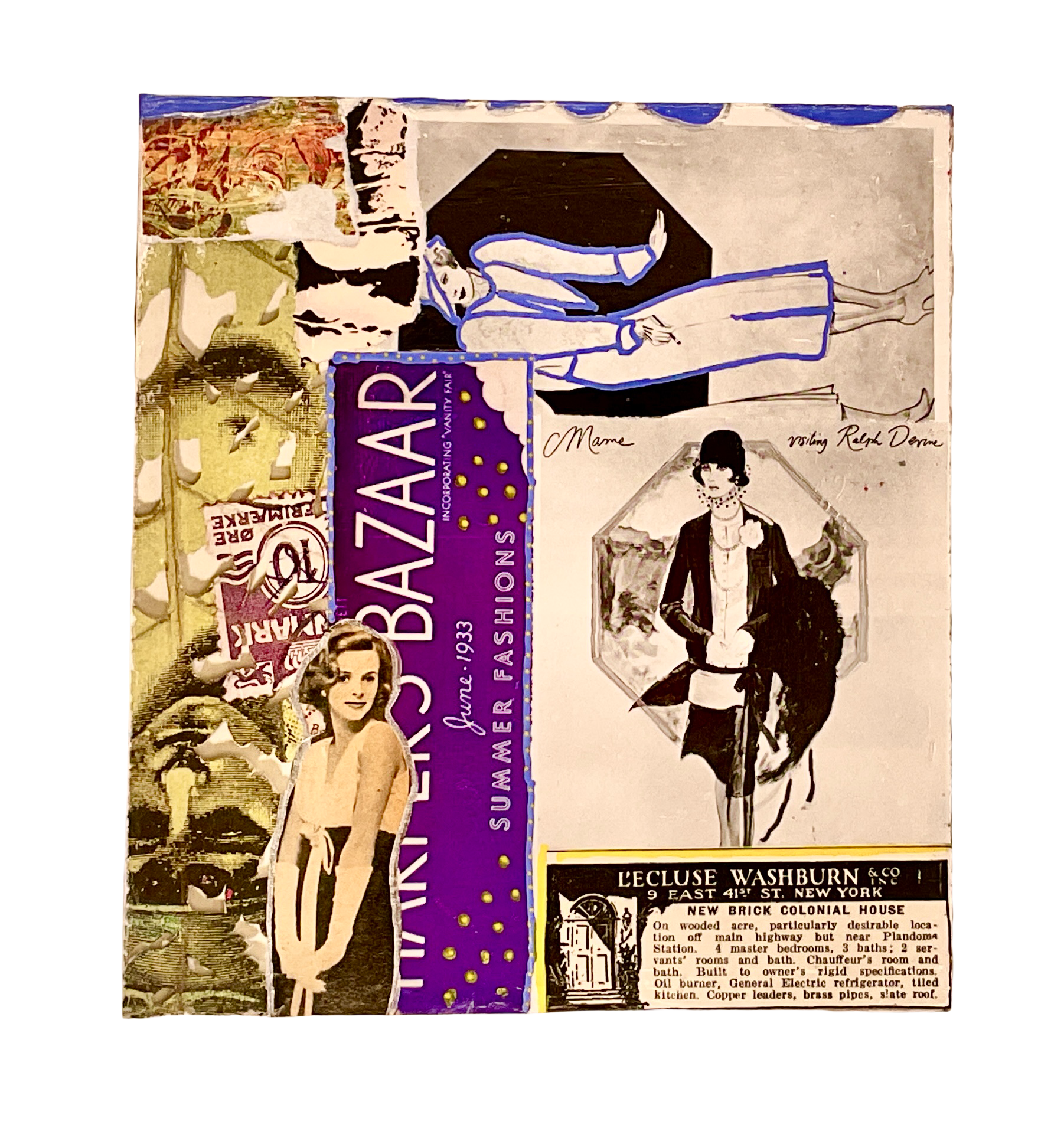 A detailed flat view of one side panel featuring a "Harper's Bazaar June 1933" cover segment, vintage fashion sketches, and a real estate advertisement for "L'Ecluse Washburn & Co."