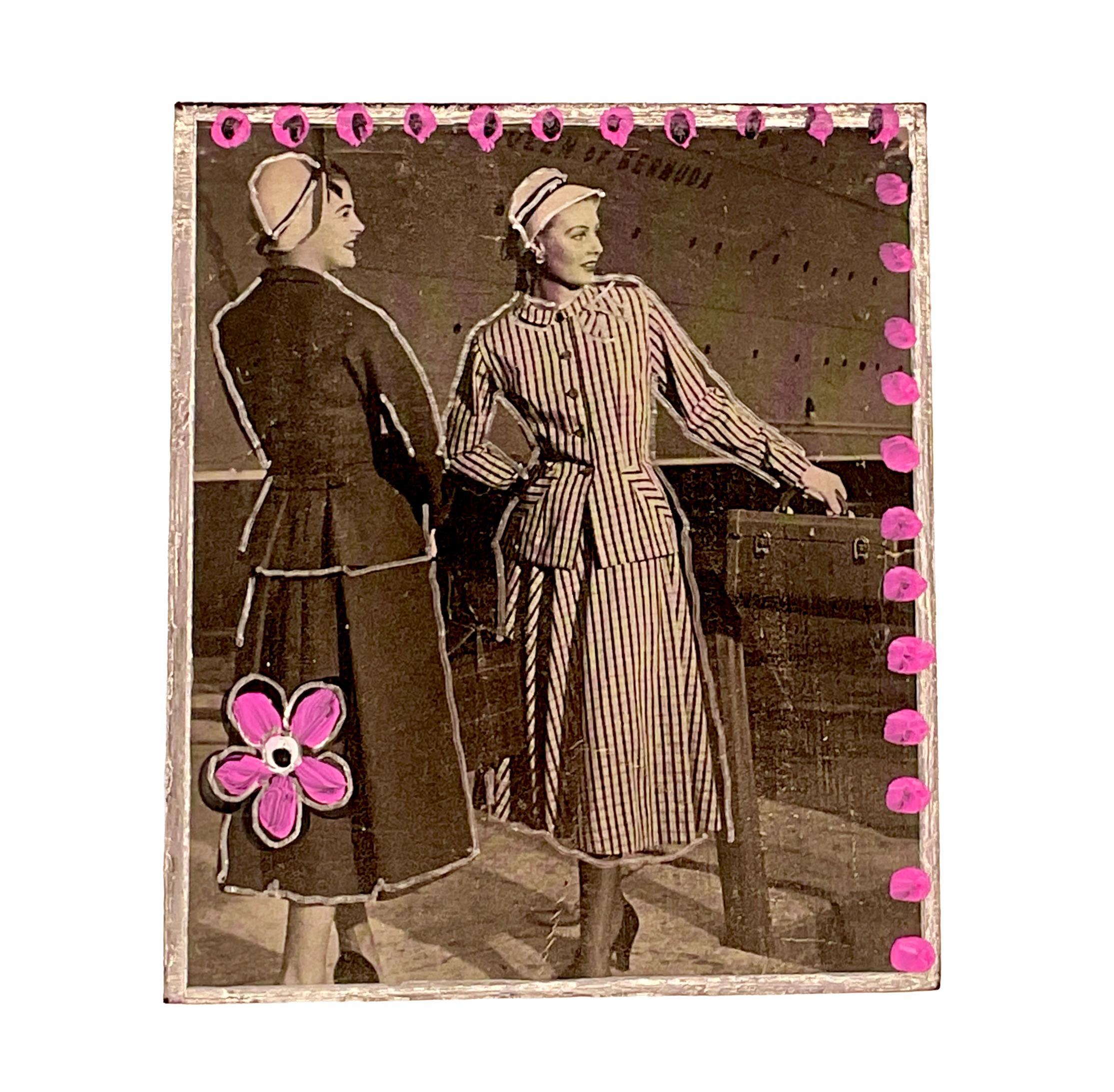 Flat perspective shot of two 1950s fashion models standing in striped and dark dresses against a ship background, bordered by hand-painted pink dots and flowers.