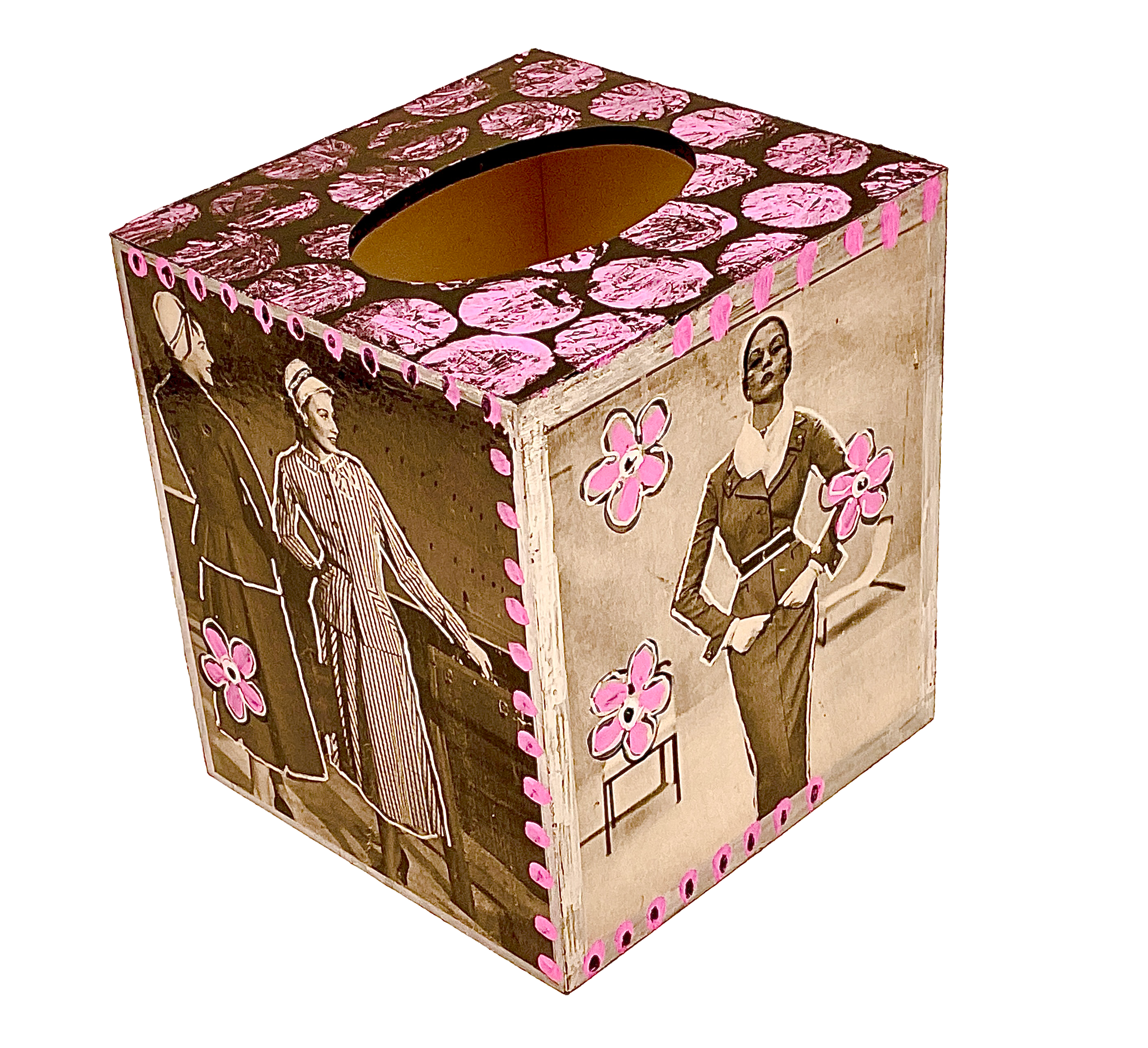 View of two sides of a handmade tissue box cover with original 1950s magazine clippings, pink pop-art borders, and a textured top opening.