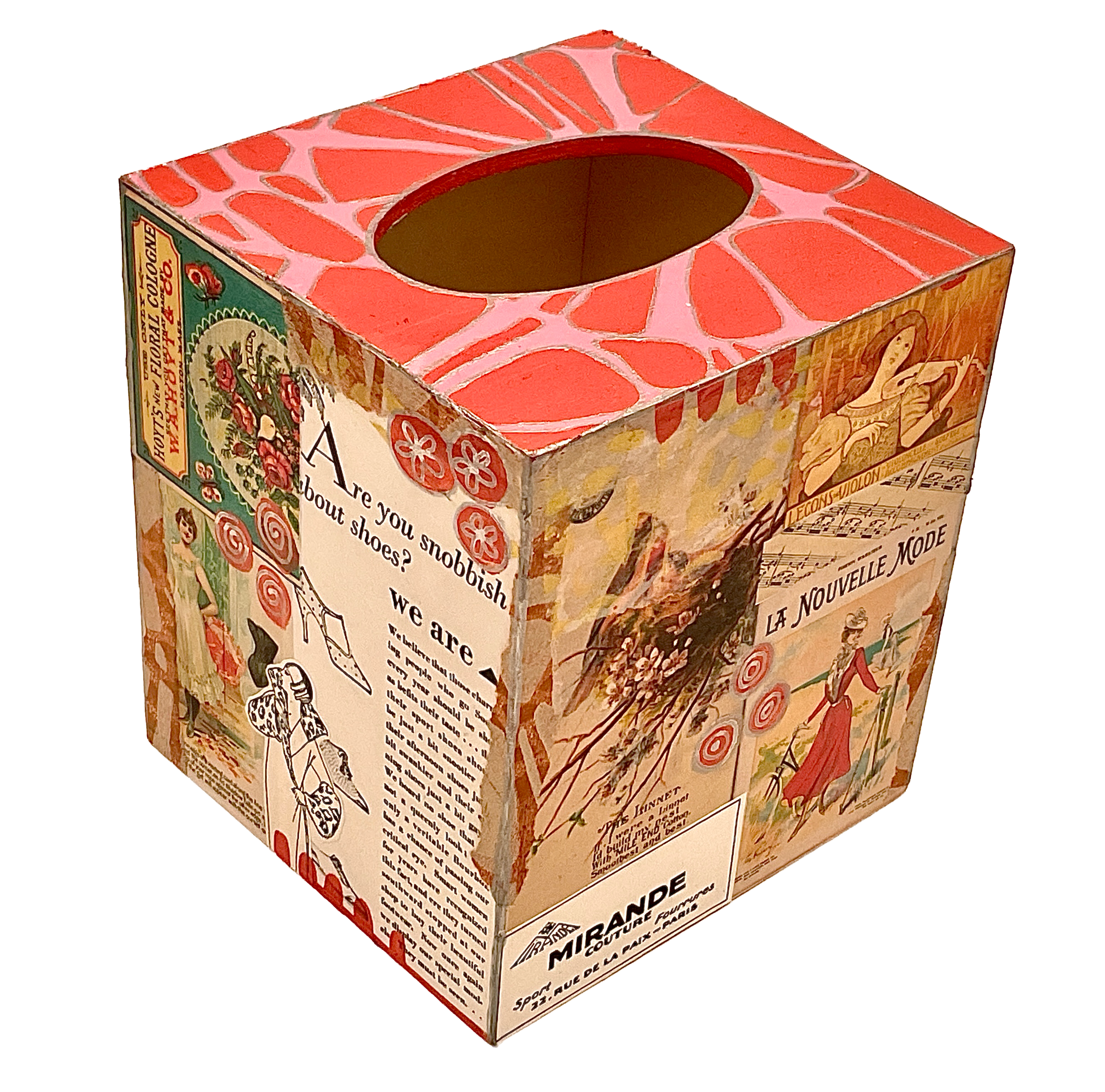 A detailed straight-on view of one face of the decoupage tissue box, featuring a vintage fashion illustration and an advertisement with bold text: "Are you snobbish about shoes? we are."