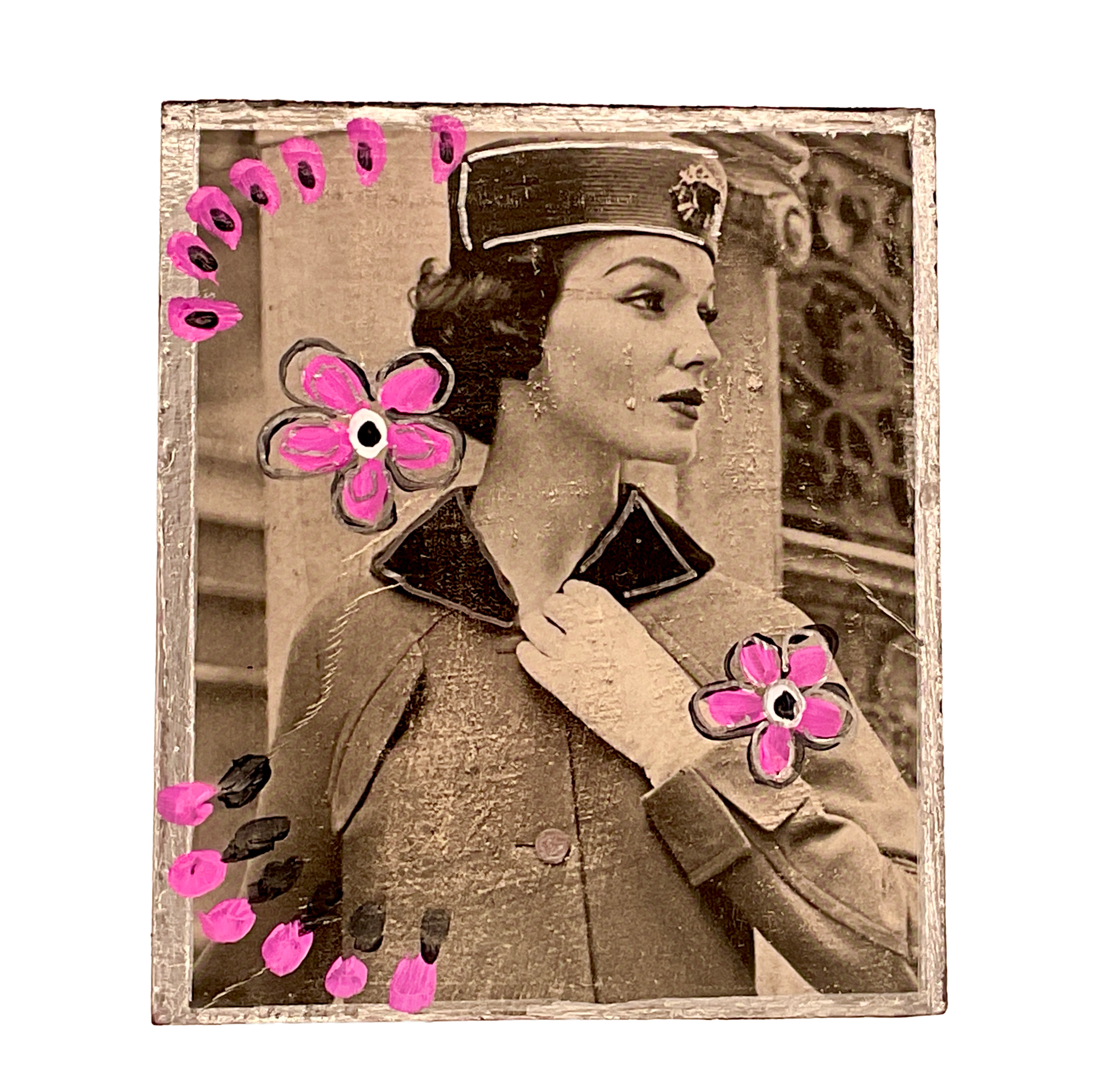 Close-up detail shot of the tissue box cover side featuring a 1950s woman wearing a military-style pillbox hat, framed by bright pink hand-painted floral embellishments.