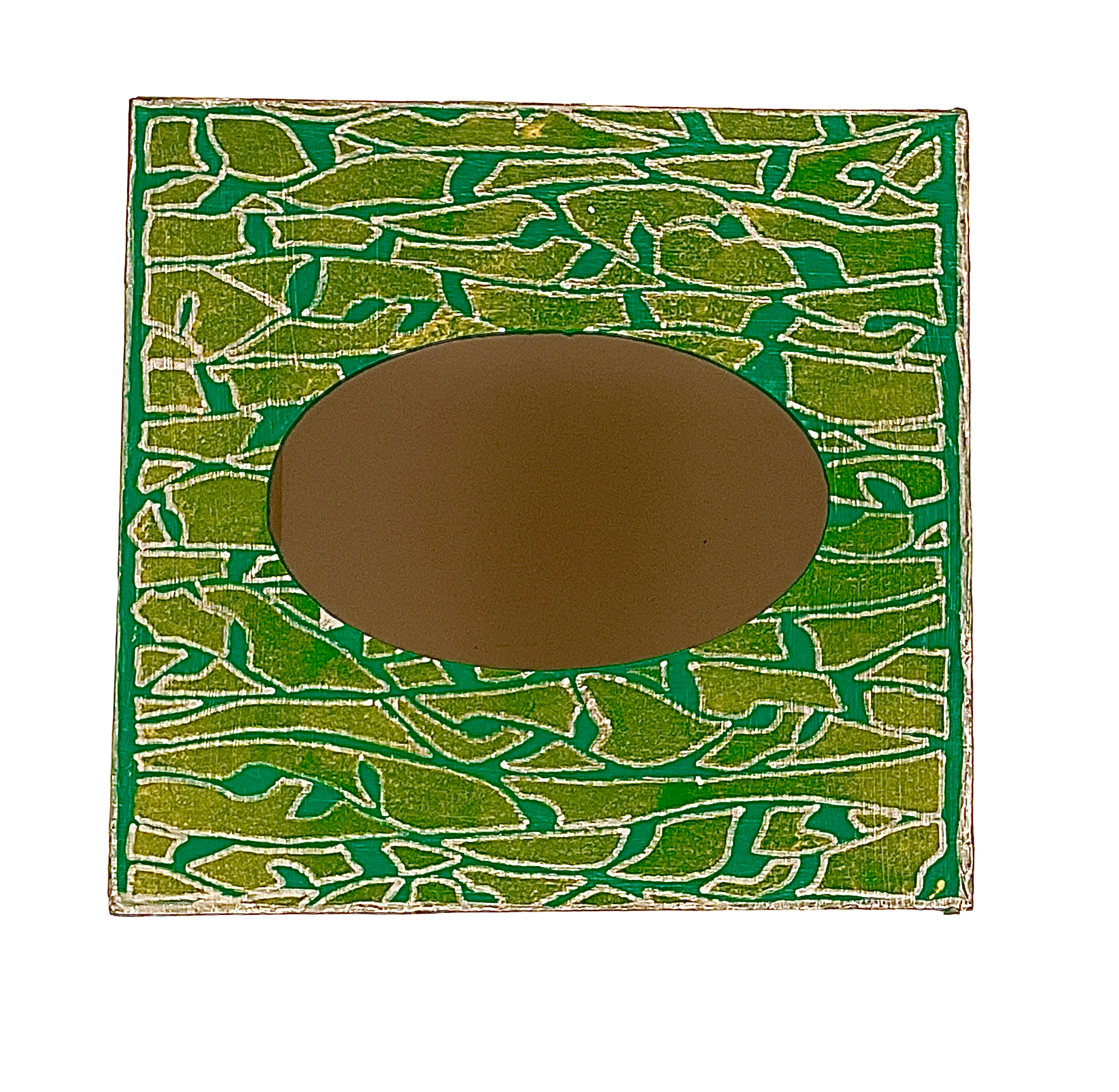 A top-down view of the square tissue box cover showcasing the hand-painted green geometric mosaic pattern and oval tissue dispenser opening.