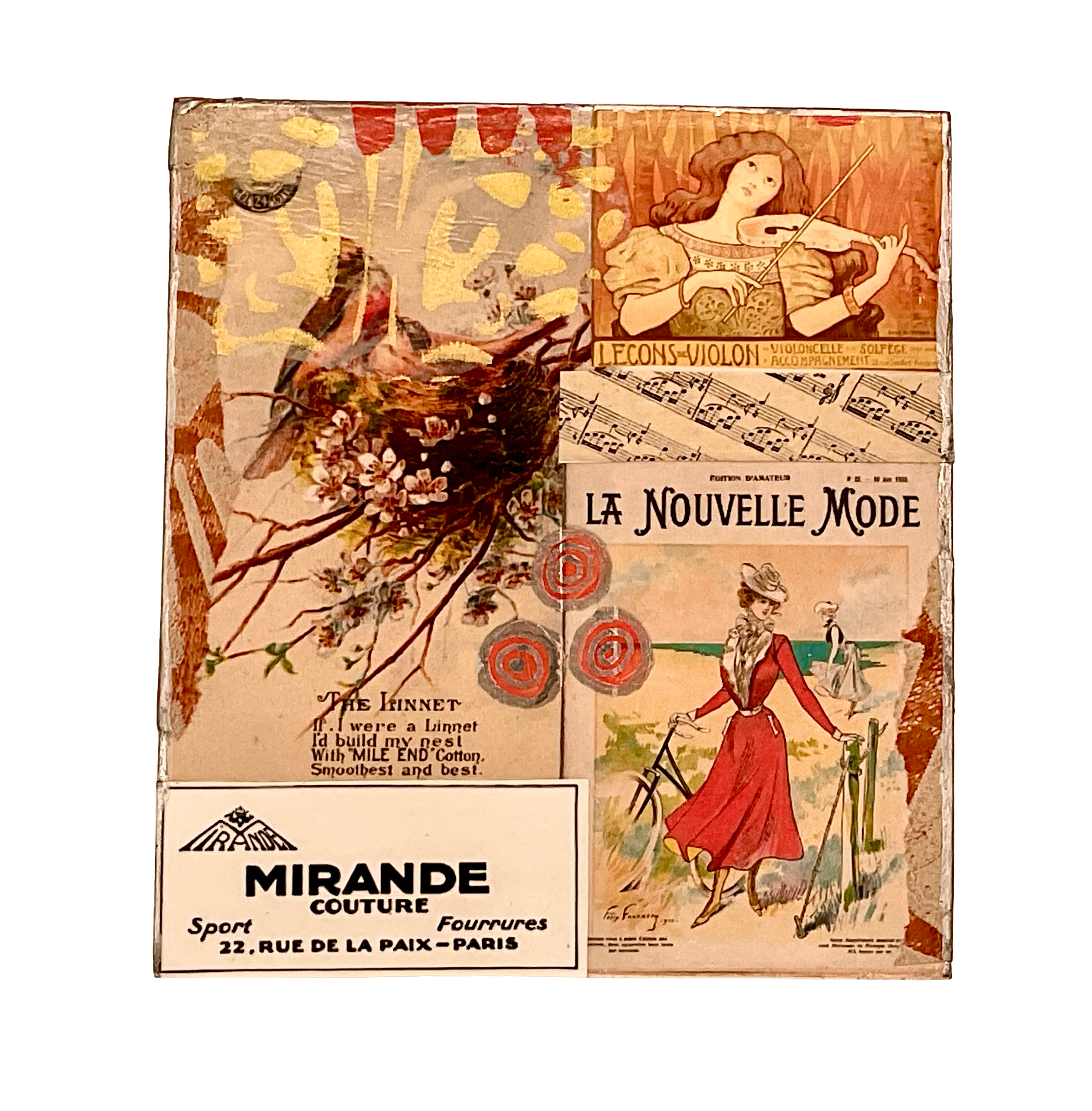 A detailed look at the final face of the decoupage tissue box, featuring an illustration of a woman playing a violin, a bird and nest graphic, and an ad for "Mirande Couture".
