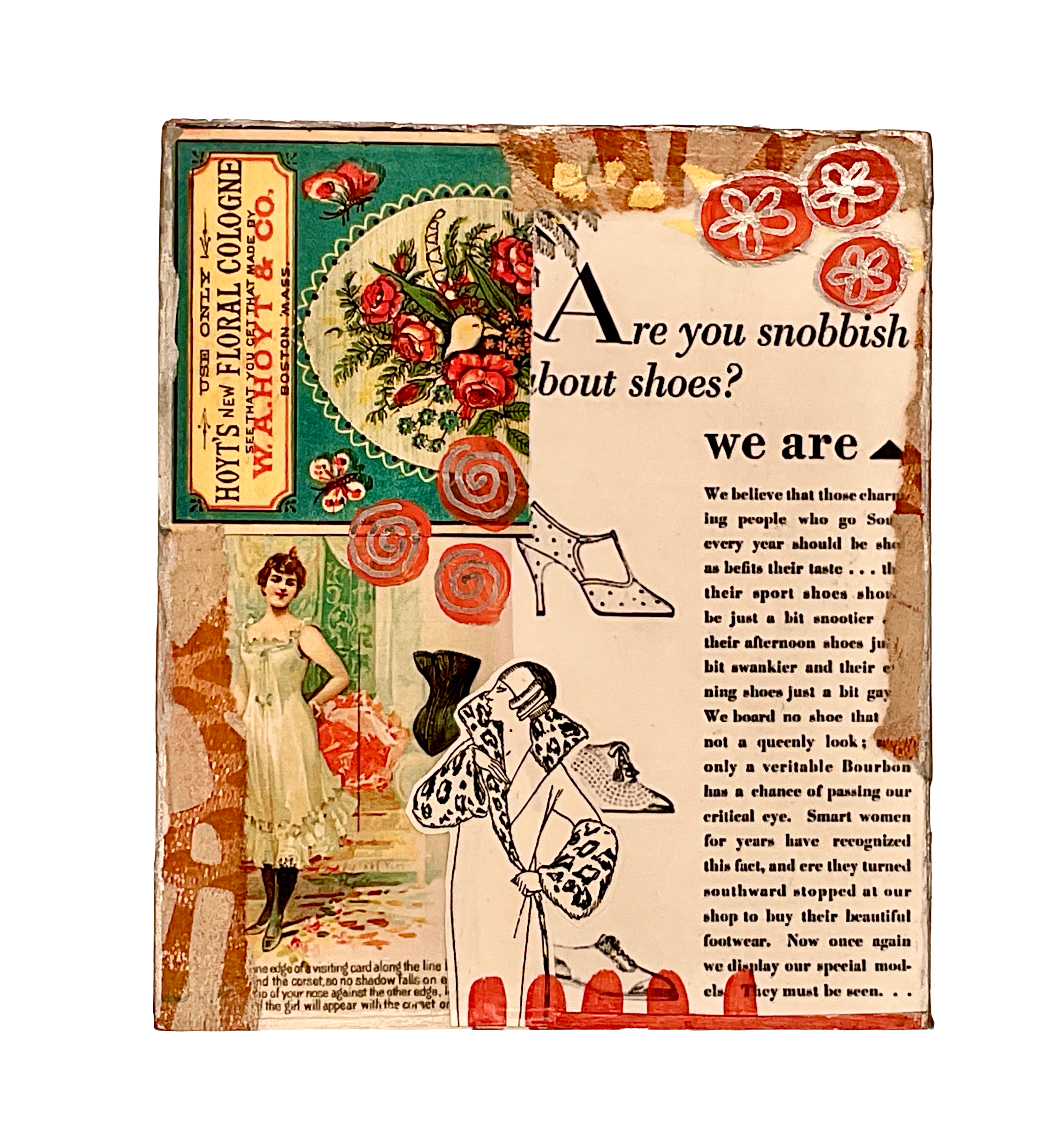 A detailed straight-on view of one face of the decoupage tissue box, featuring a vintage fashion illustration and an advertisement with bold text: "Are you snobbish about shoes? we are."
