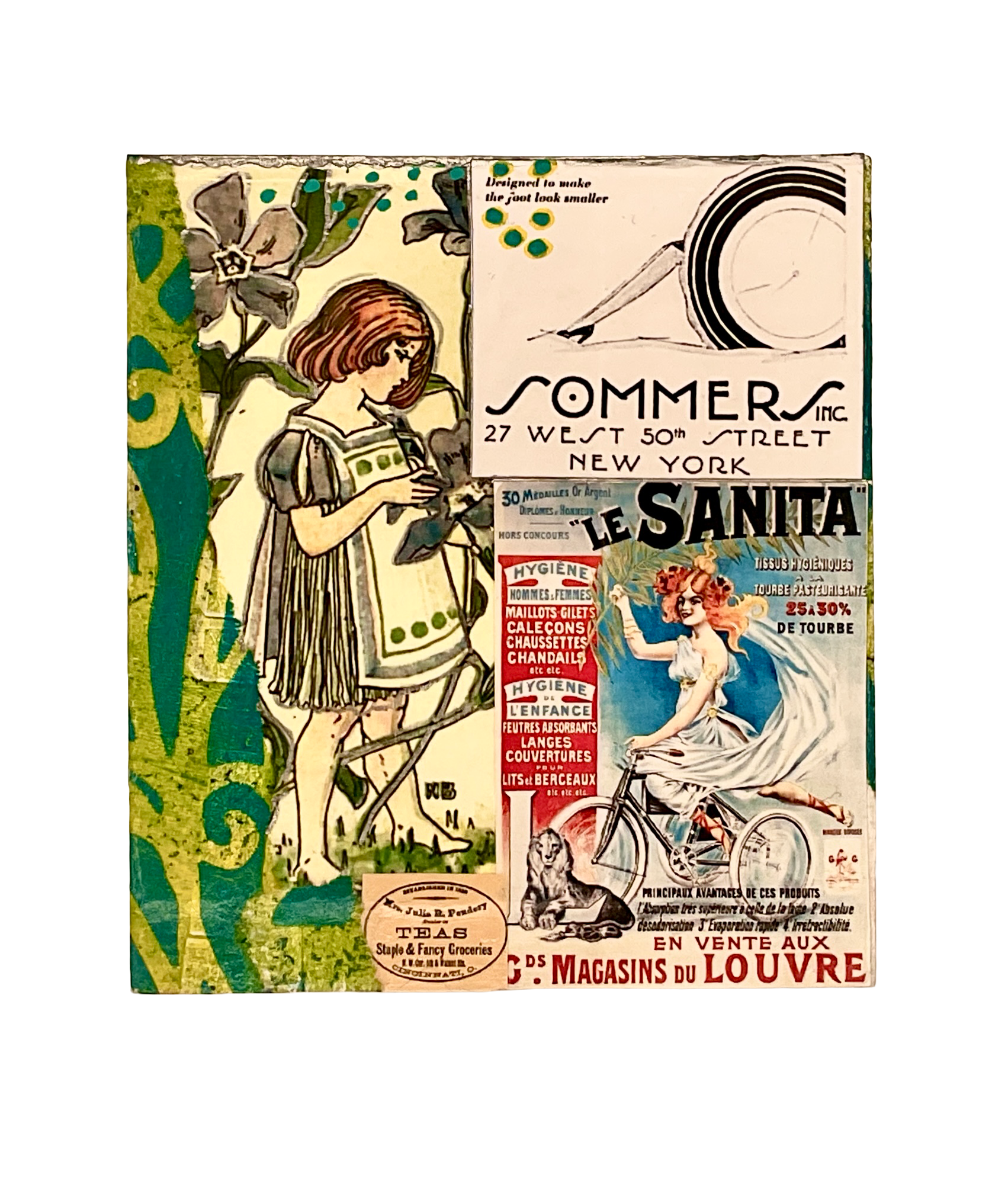A detailed panel view featuring an illustration of a girl, a French advertisement for "Le Sanita", and a "Sommers Inc." shoe ad against a green floral motif.