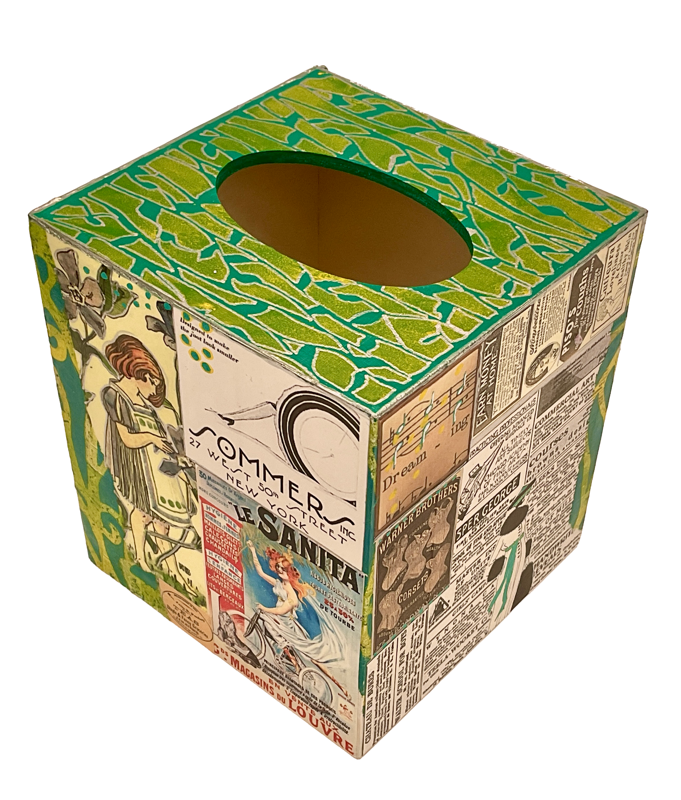 Three-quarter angle views of a square decoupage tissue box cover featuring a collage of vintage shoe and clothing ads, French fashion graphics, and a hand-painted green mosaic top pattern.
