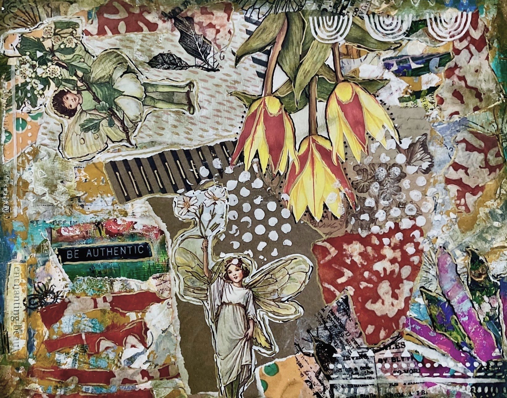 A layered tactile piece that merges fantasy and modern collage art.