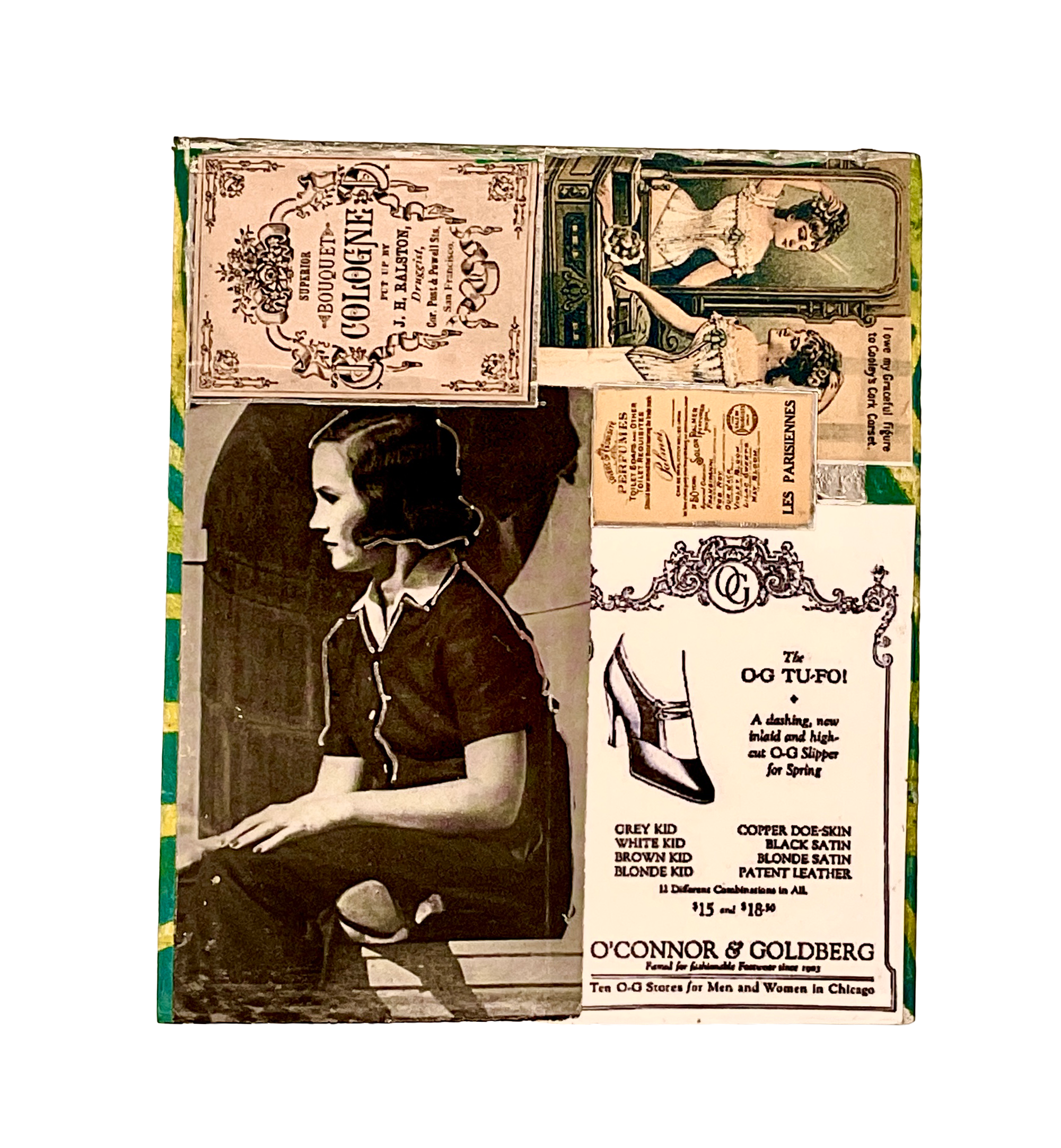 A detailed side view of the tissue box panel displaying a black-and-white portrait of a woman, a cologne advertisement, and a shoe ad for "O'Connor & Goldberg".