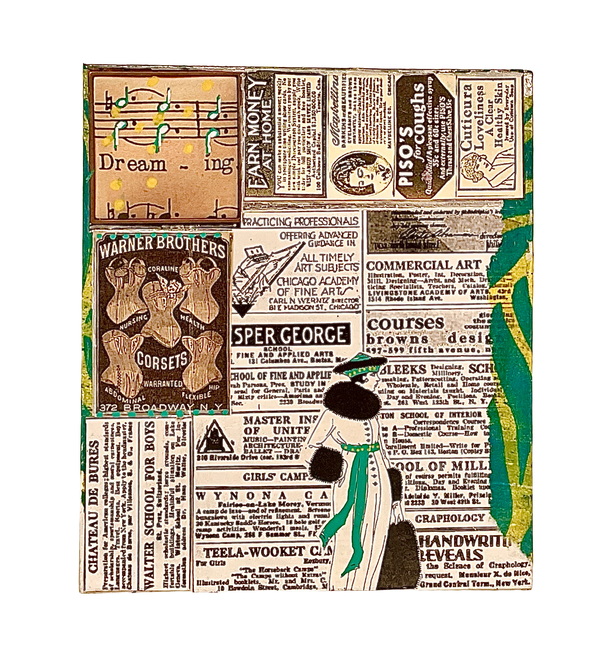 A detailed panel view packed with vintage classified-style ads for corsets, commercial art courses, and music schools.