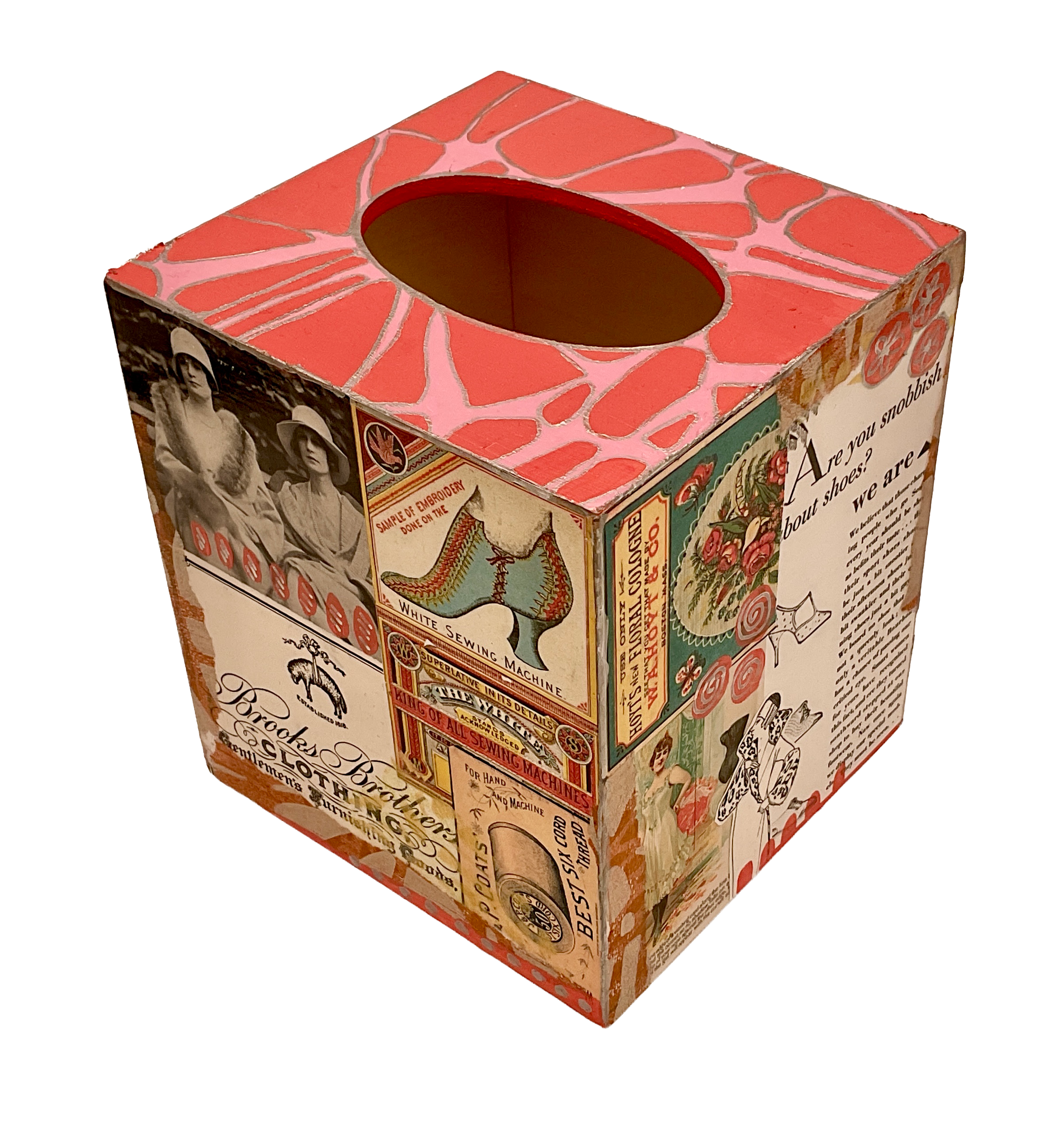 Two alternative views of the vintage collage tissue box cover, showcasing the diverse collection of upcycled antique advertisements and fashion art, all set against a neutral background.