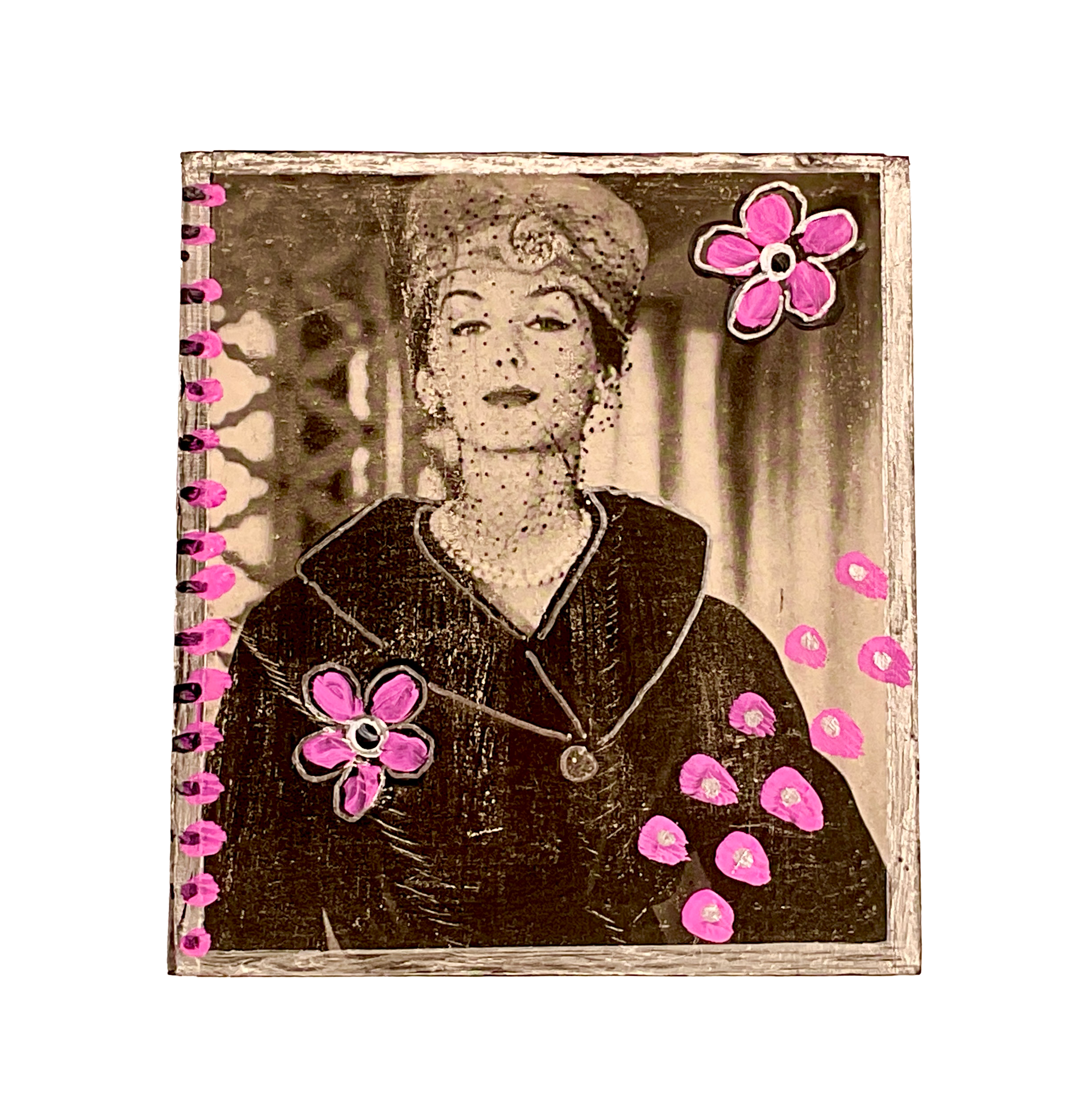 Front-facing view of the tissue box cover showing a vintage fashion portrait of a woman in a netted veil hat, accented with pink pop-art floral paint designs.