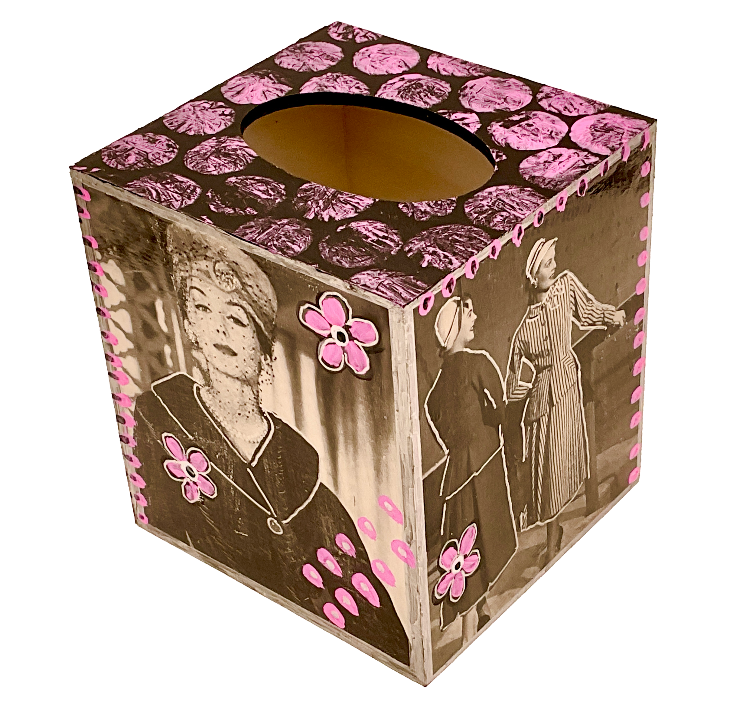 Side view of a vintage decoupage tissue box cover showing 1950s women in stylish dresses with pink hand-painted floral accents.