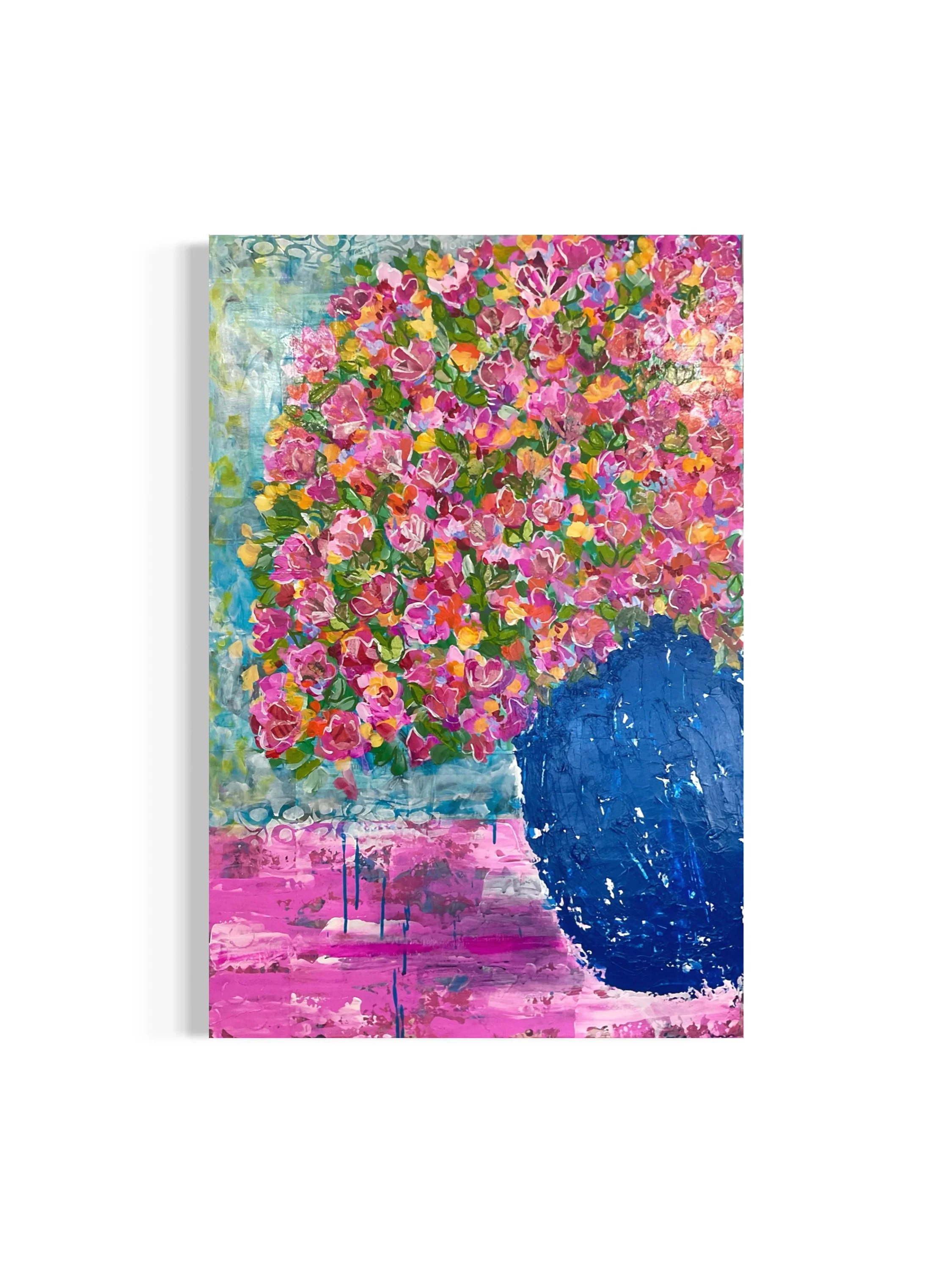 Large scale bold floral featuring hot pink flowers overflowing from a textured cobalt planter, mixed media on wood, 24” x 36” floral art