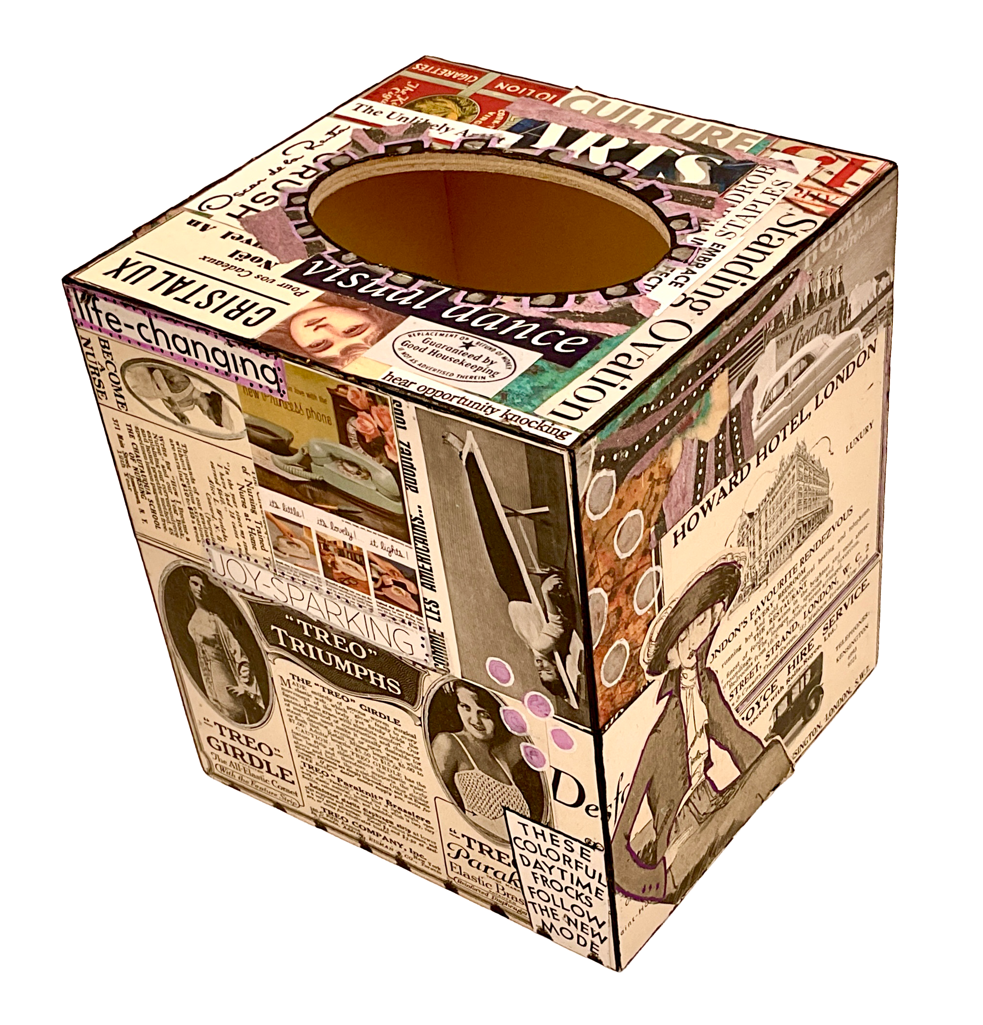 A three-quarter perspective view showing the "O'ROSSEIN" Paris fashion panel alongside vintage girdle and beauty ad collages.