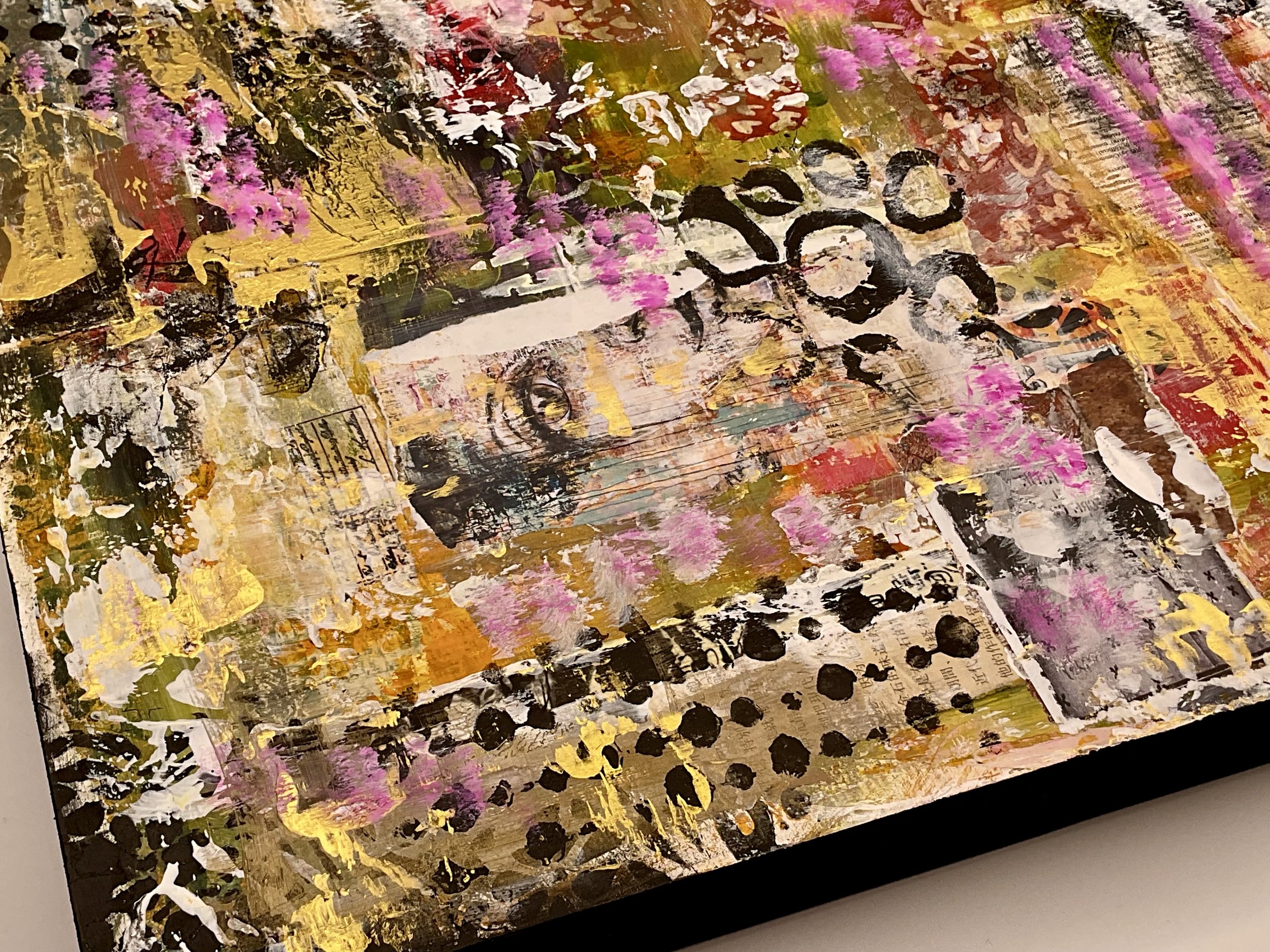 Expressive modern art collage with layered materials and modern aesthetic.