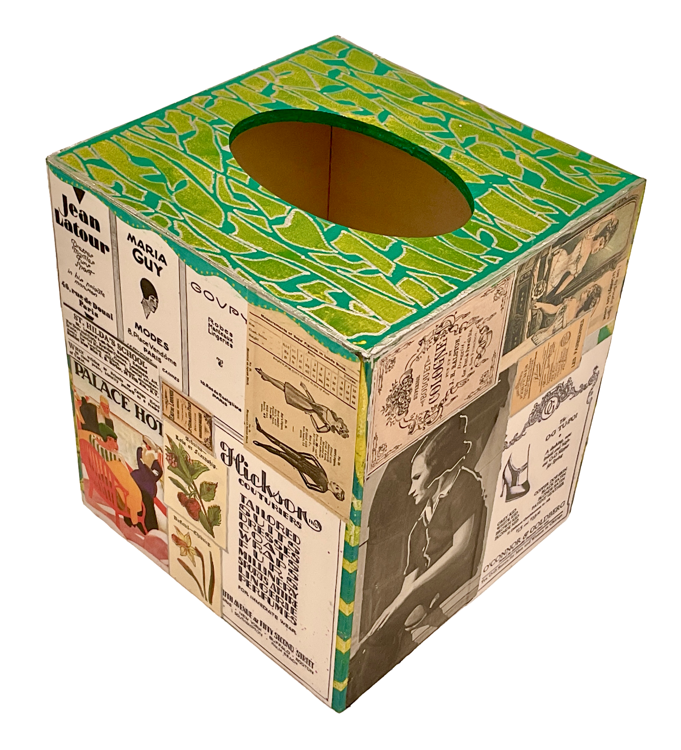 Alternate angle perspectives showing side panels covered in vintage newspaper ad clippings, school directory listings, and Parisian couture labels set against a bright green background.