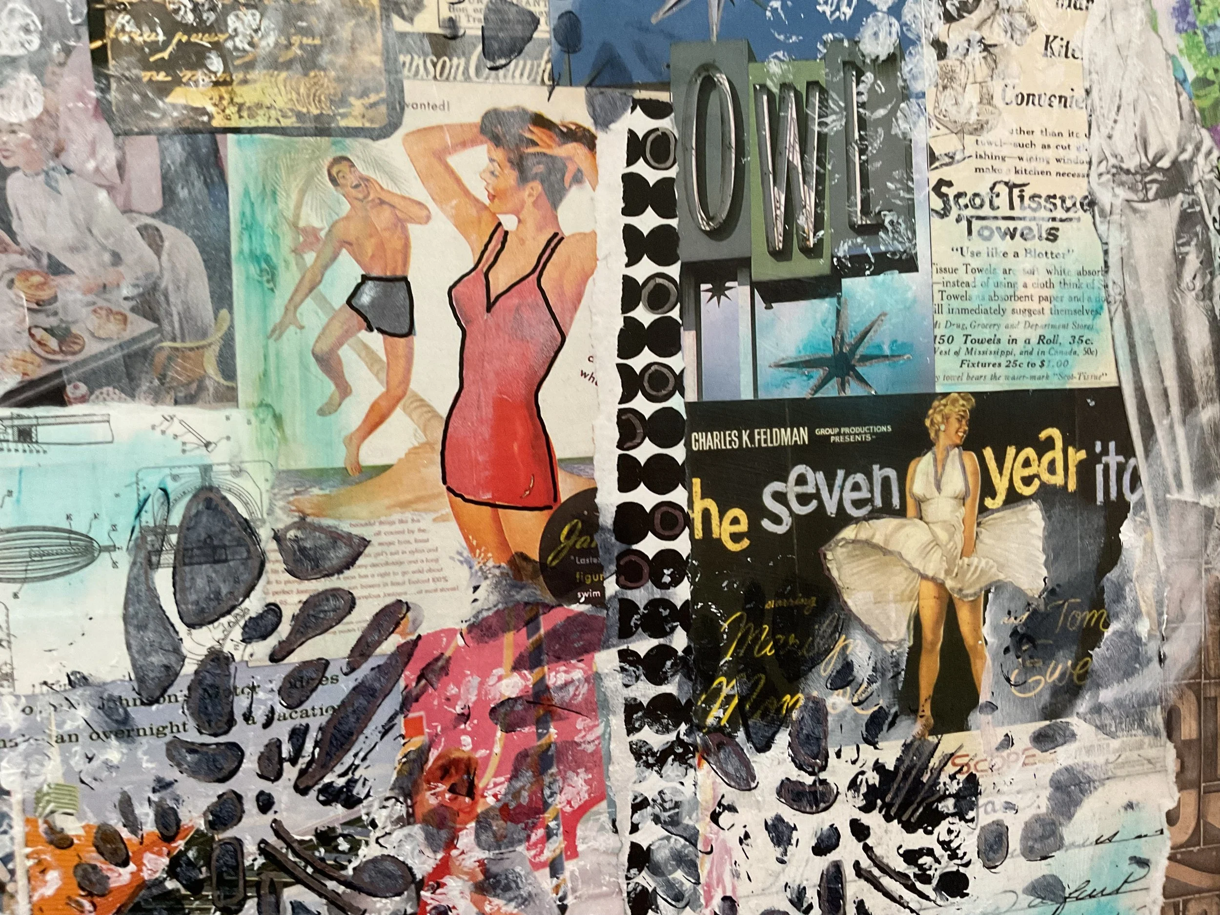 Close up image of mixed media retro-inspired collage with swimsuit model and partially obscured word “BOWL” appearing to say “owl”