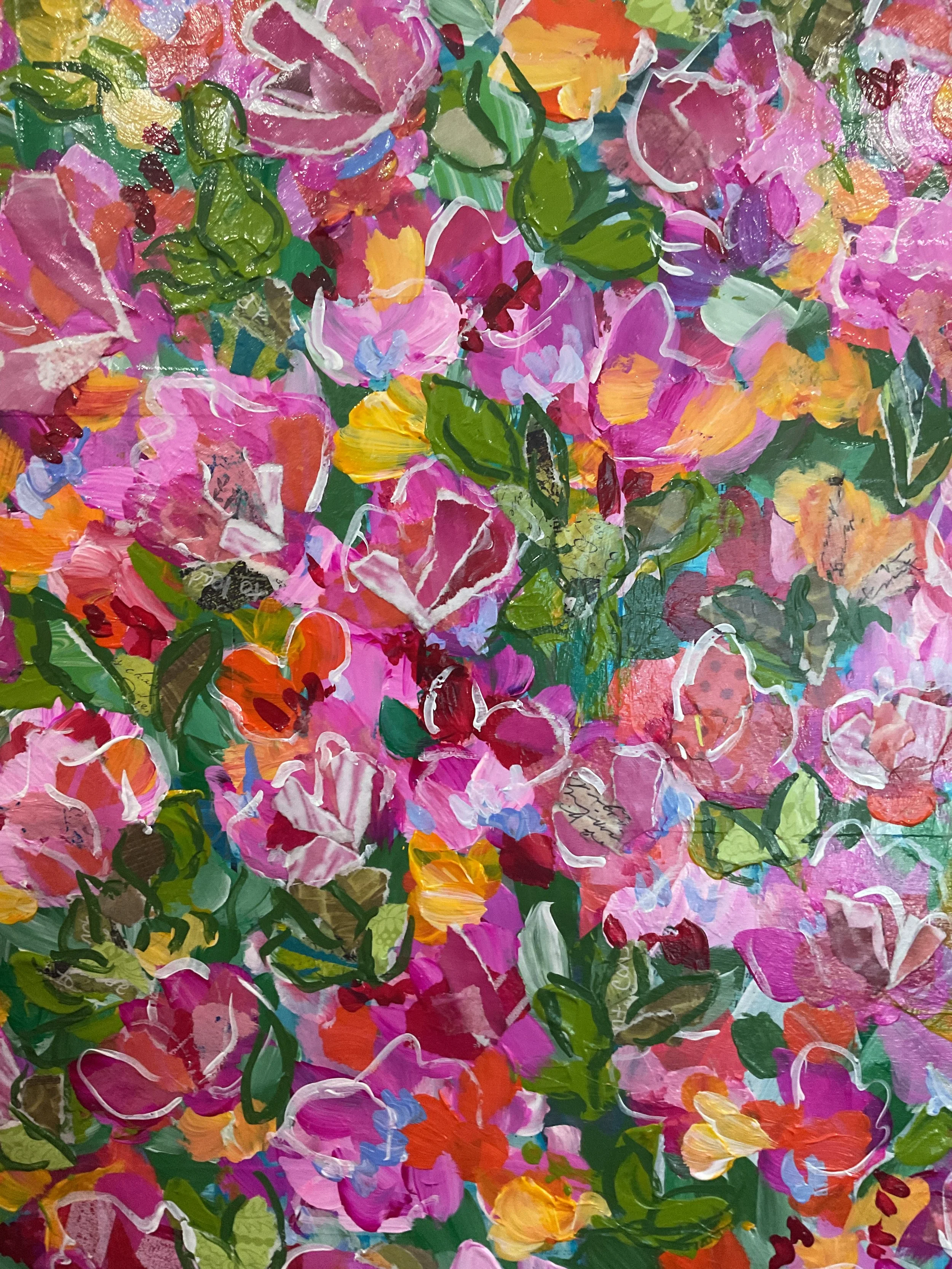 Close up view of floral design with visible details of collage paper blended with acrylic paint