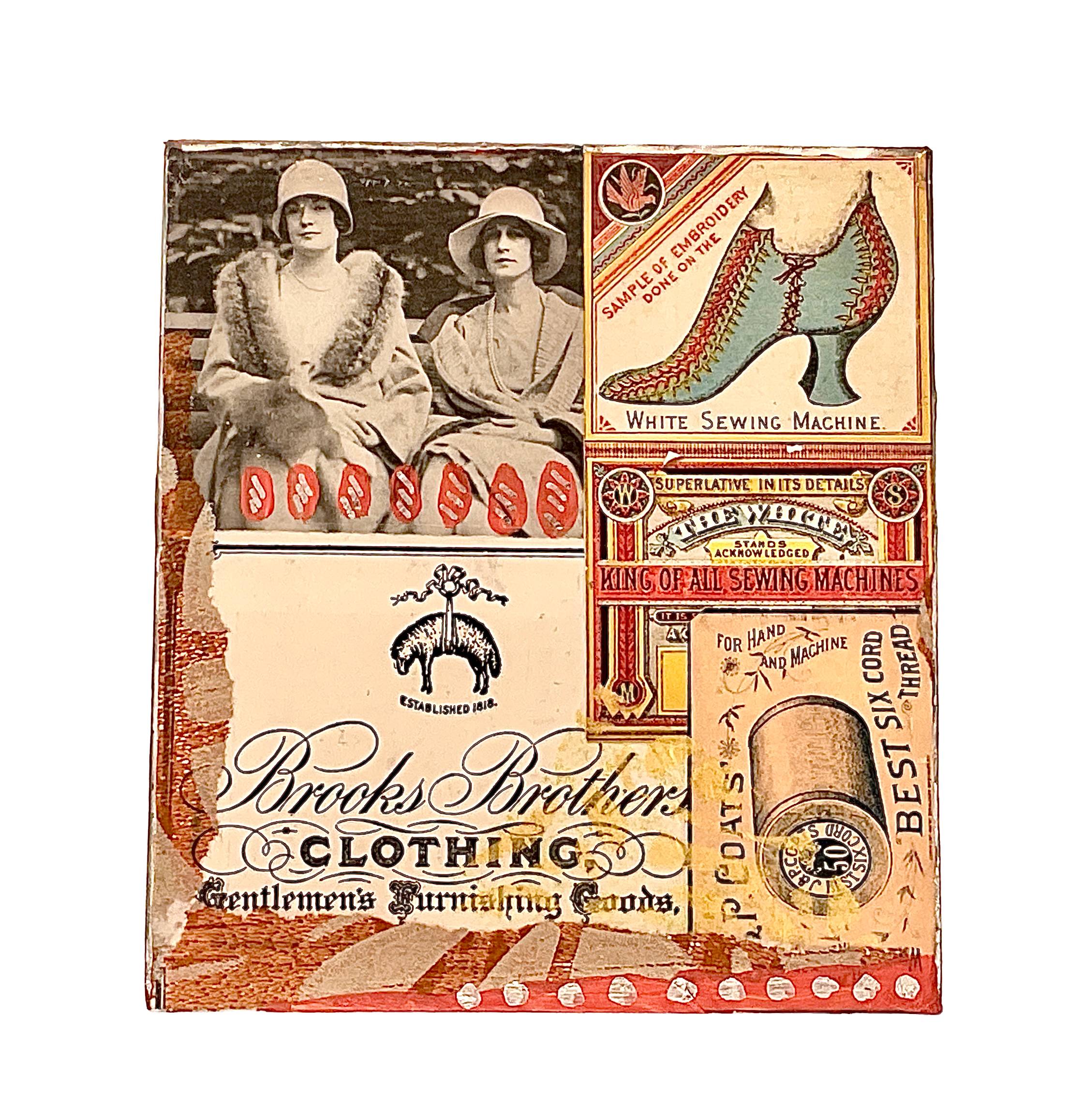 Another straight-on view of the tissue box cover face, showing retro images of two women, a vintage shoe ad, and the text "Brooks Brothers Clothing".