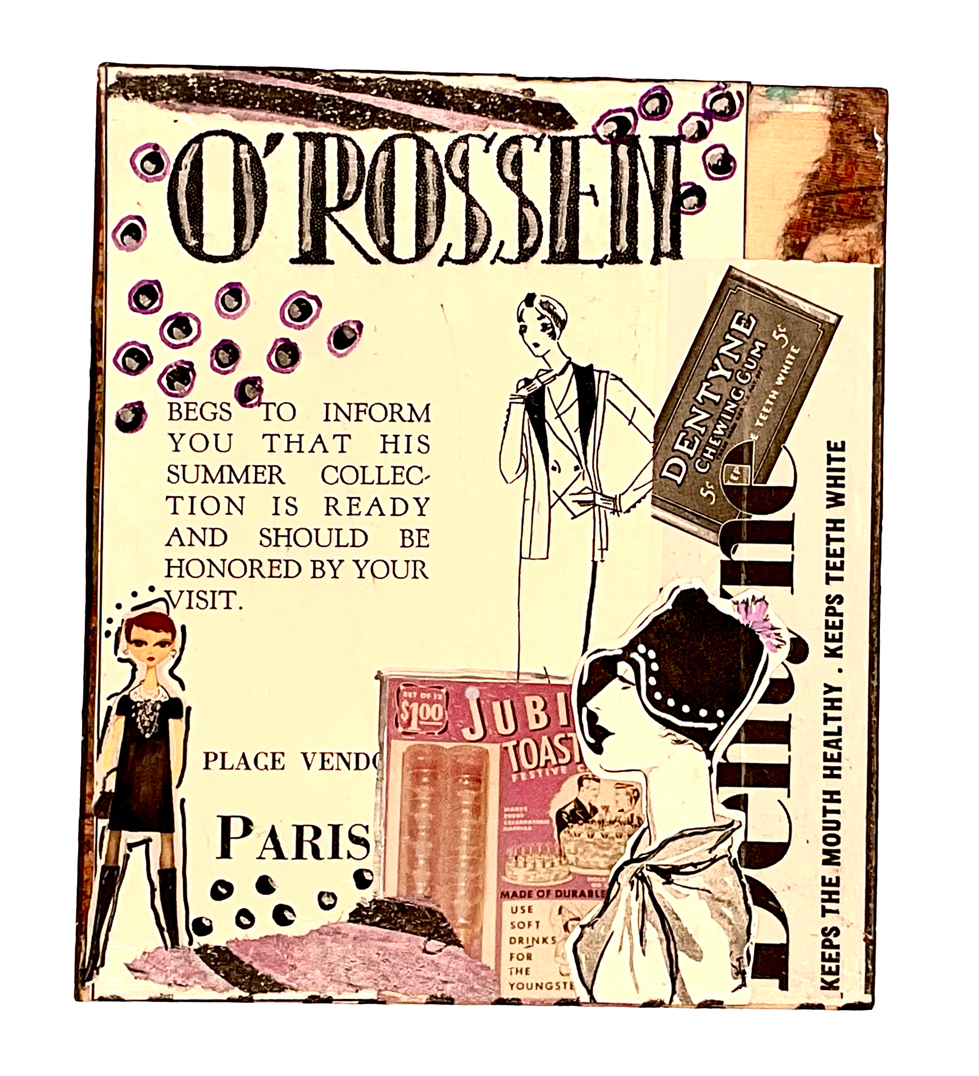 A detailed panel view showing the "O'ROSSEIN Paris" fashion collection announcement alongside a vintage "Dentyne Chewing Gum" packet graphic.