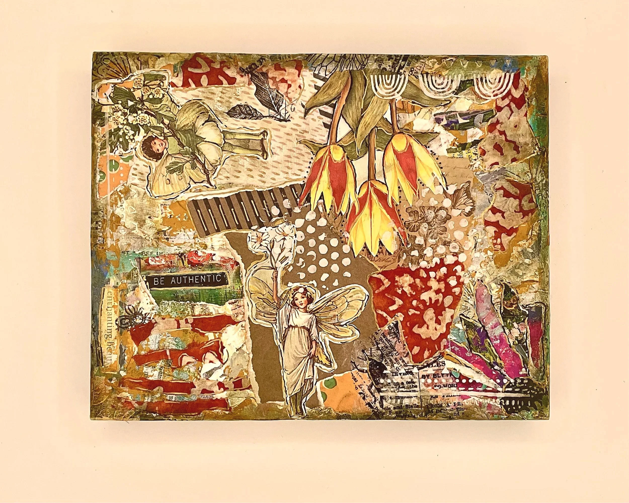Mixed media collage featuring whimsical fairies, flowers, torn edges and bits of text