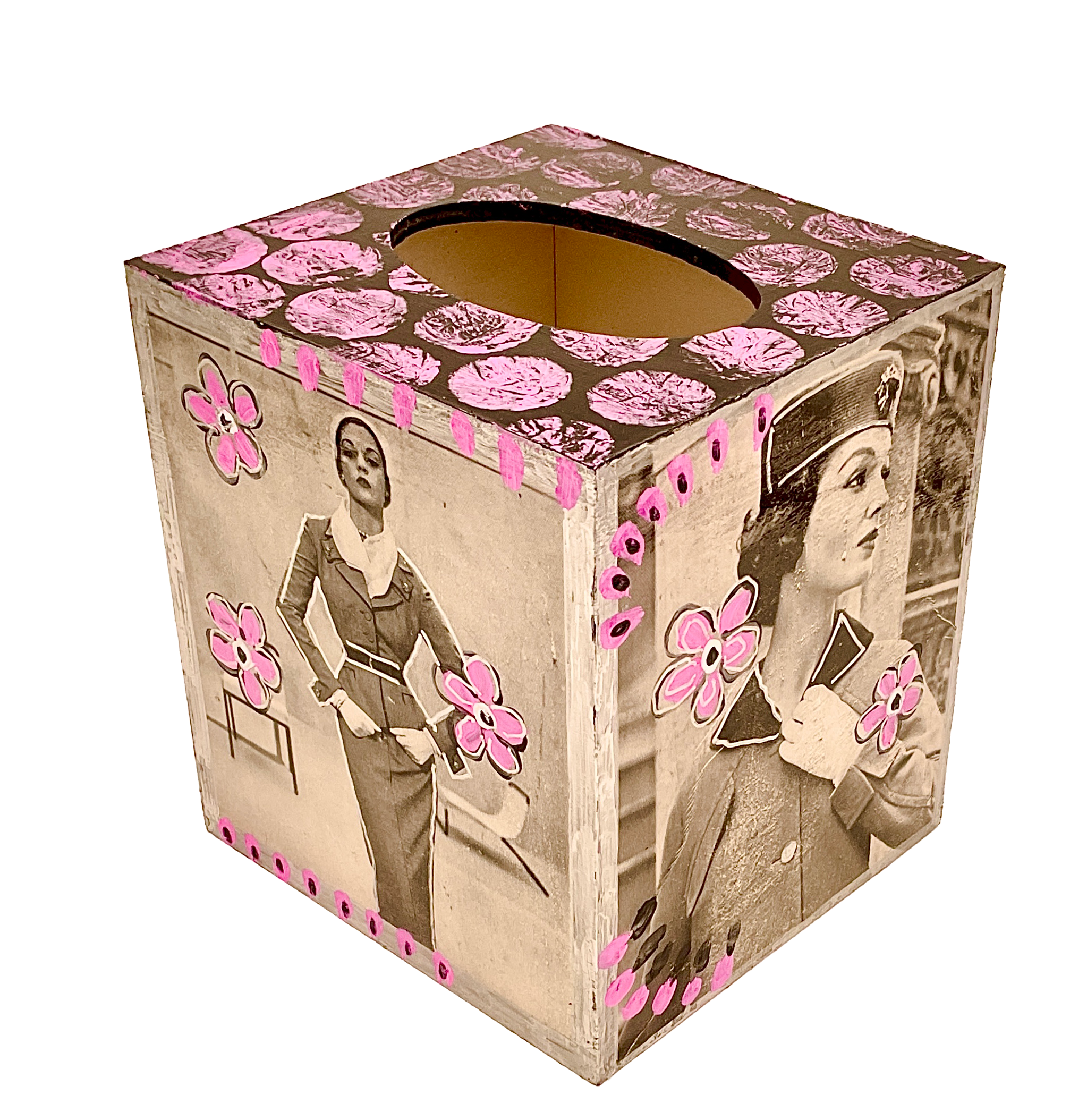 Handmade square tissue box cover with authentic 1950s Vogue fashion photography decoupage, pink floral details, and protective varnish coat.