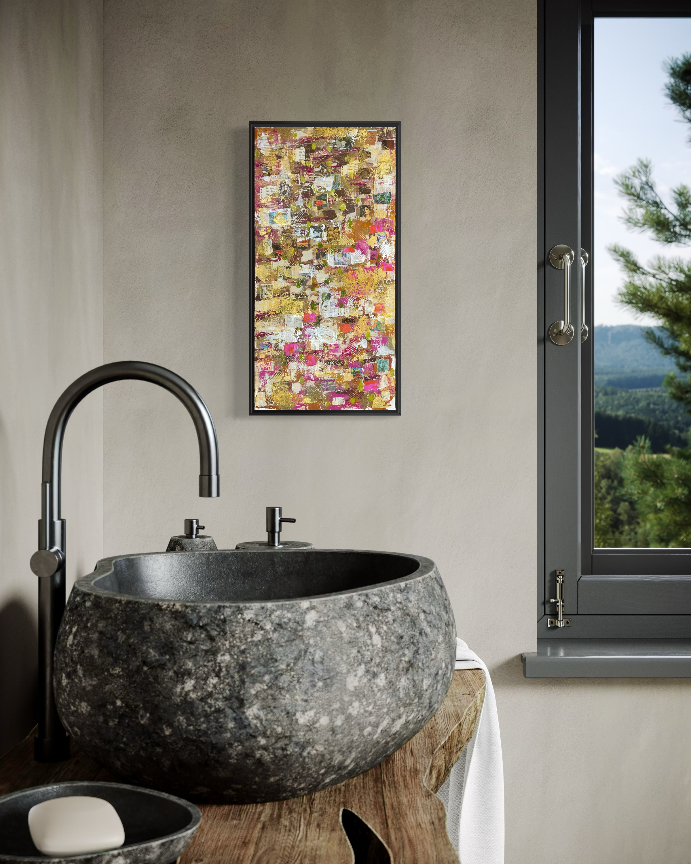High-end modern bathroom with a large window and raised rounded stone sink showcasing the 12” x 24” mixed media art as a focal point