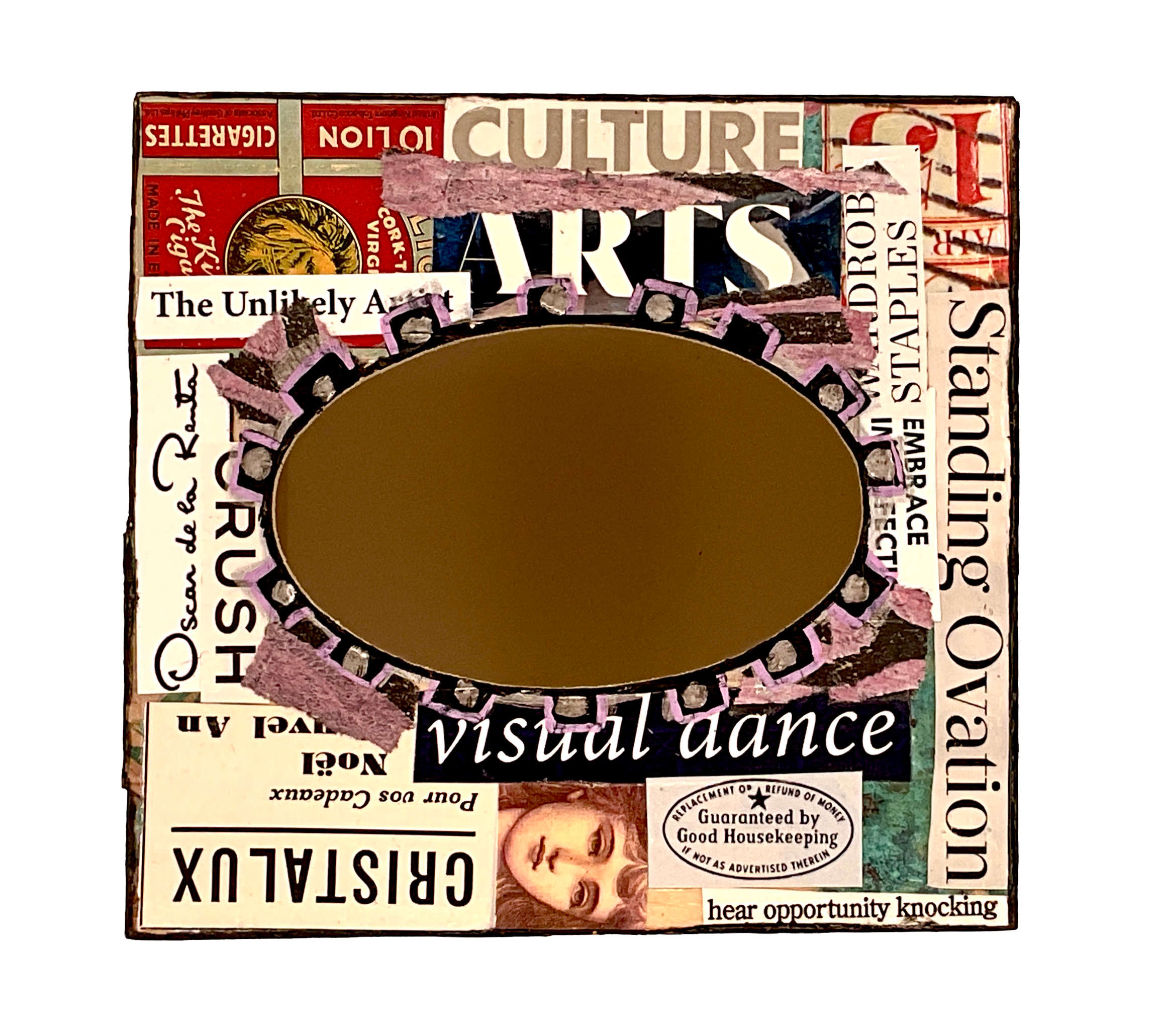 A top-down overhead view showing the square tissue box cover with a circular top opening framed by bold black "ARTS", "Standing Ovation", and "CRISTALUX" typography
