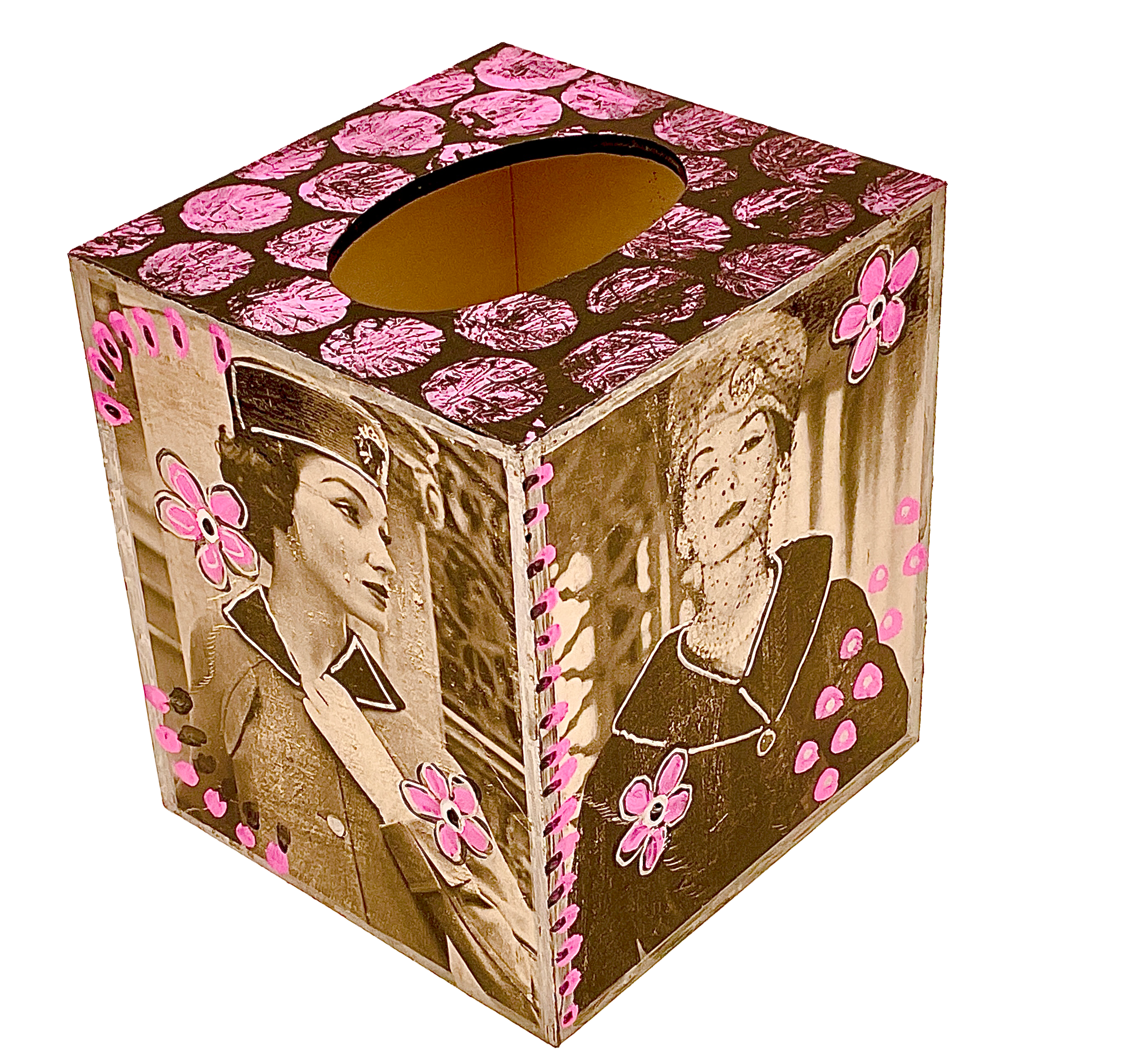 Decoupage tissue box cover featuring 1950s Vogue fashion models with hand-painted pink flowers and a black and pink patterned top.
