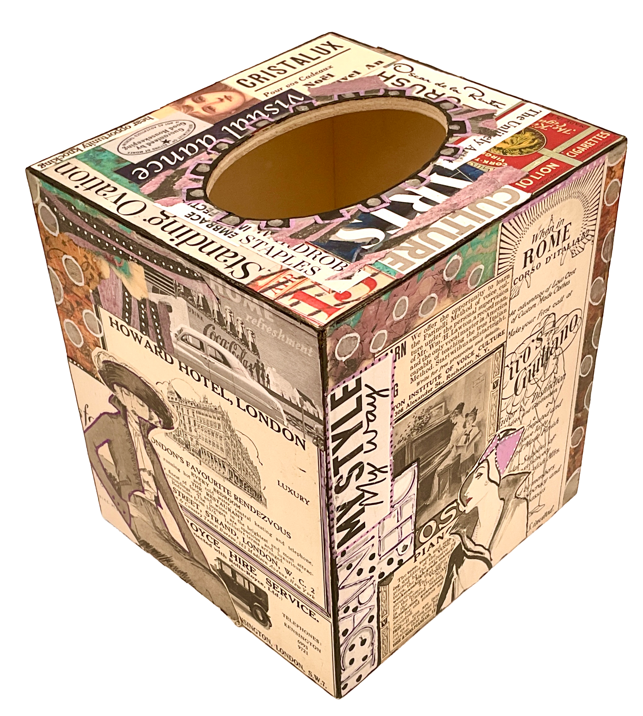Three-quarter perspective views of a square decoupage tissue box cover featuring dynamic vintage advertisements, bold black-and-white typography, fashion illustrations, and crimson border accents.