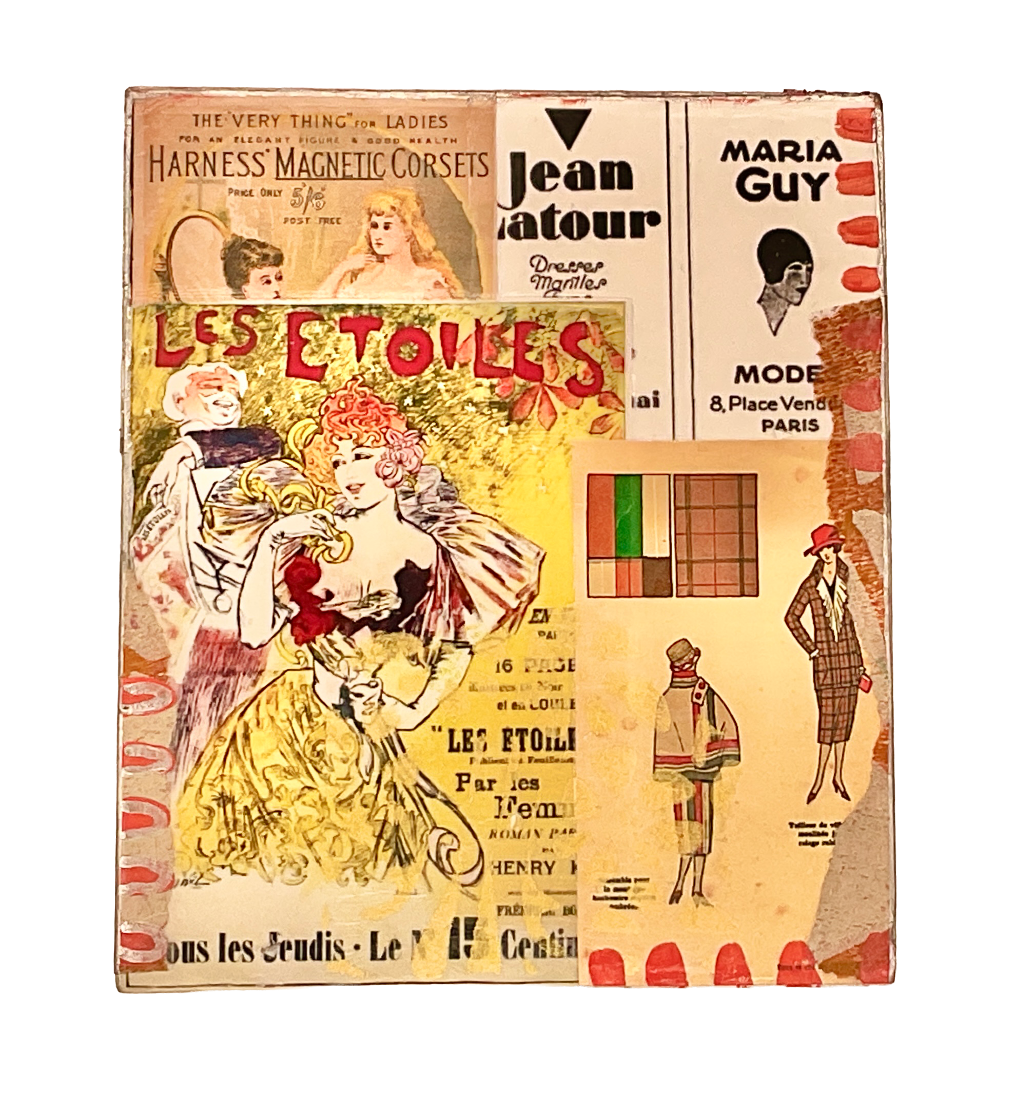 Two alternative views of the vintage collage tissue box cover, showcasing the diverse collection of upcycled antique advertisements and fashion art, all set against a neutral background.