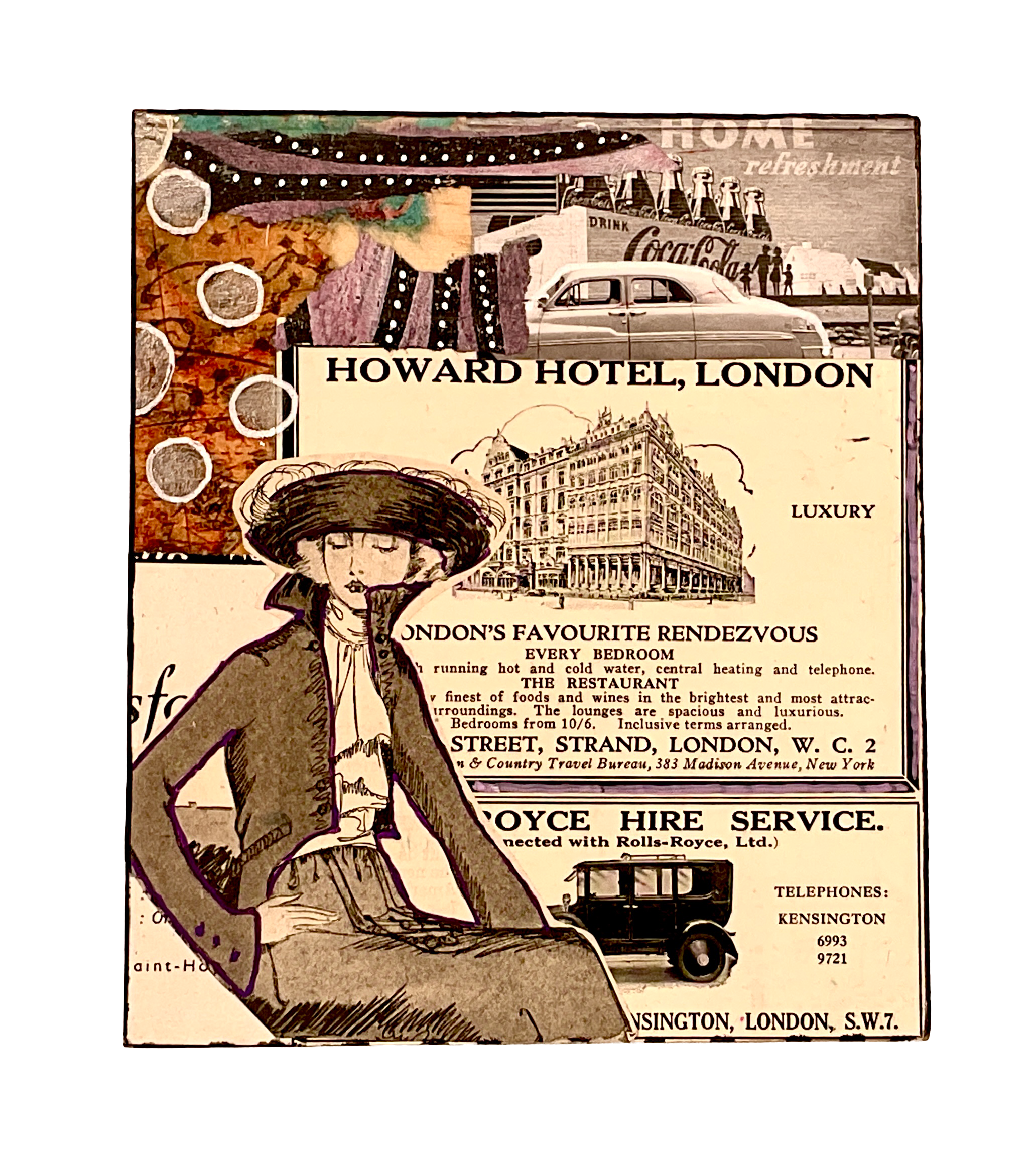 A detailed panel view highlighting an advertisement for "Howard Hotel, London" with a high-fashion sketch, vintage car graphic, and "Drink Coca-Cola" sign in the background.