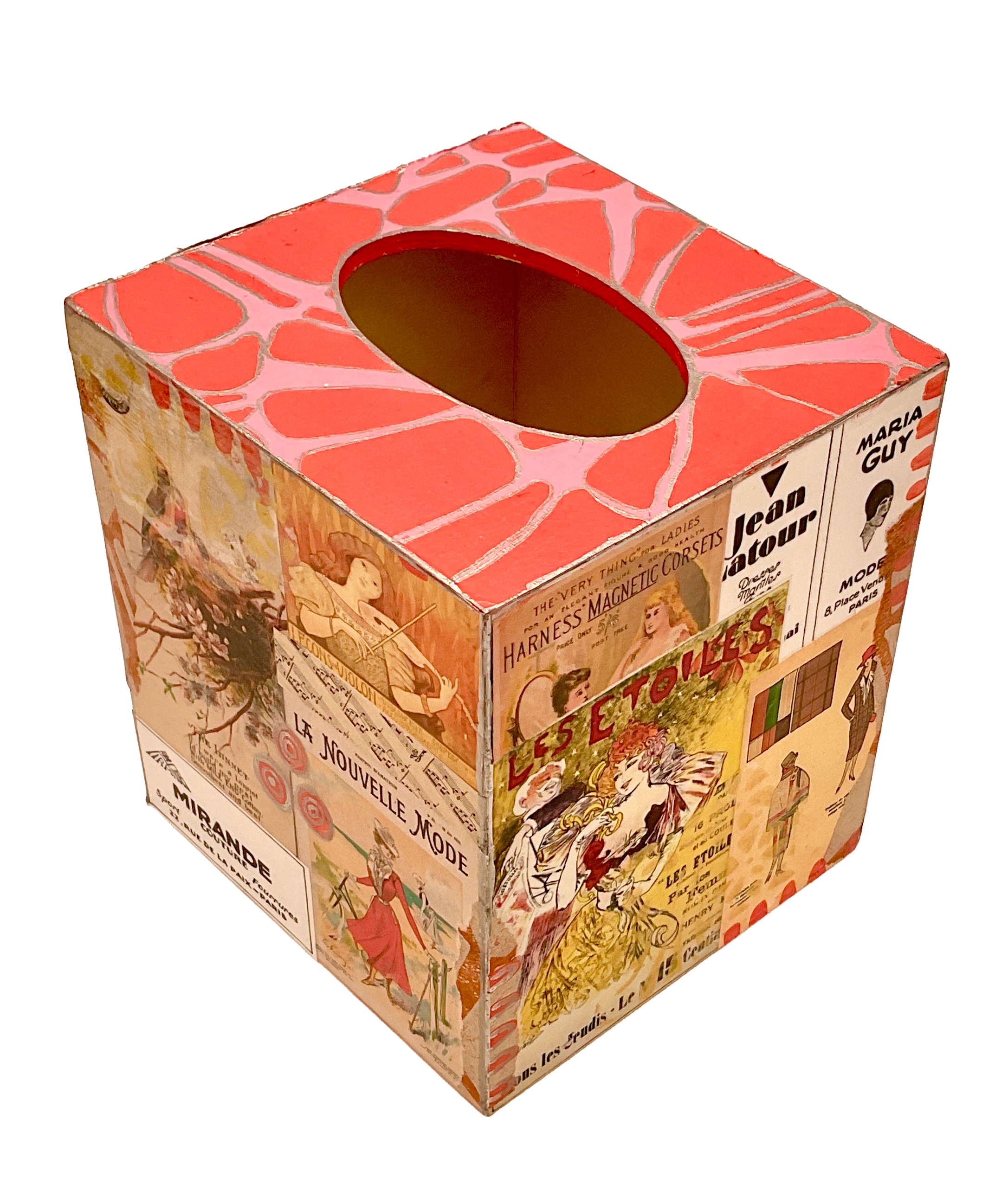 Two alternative views of the vintage collage tissue box cover, showcasing the diverse collection of upcycled antique advertisements and fashion art, all set against a neutral background.