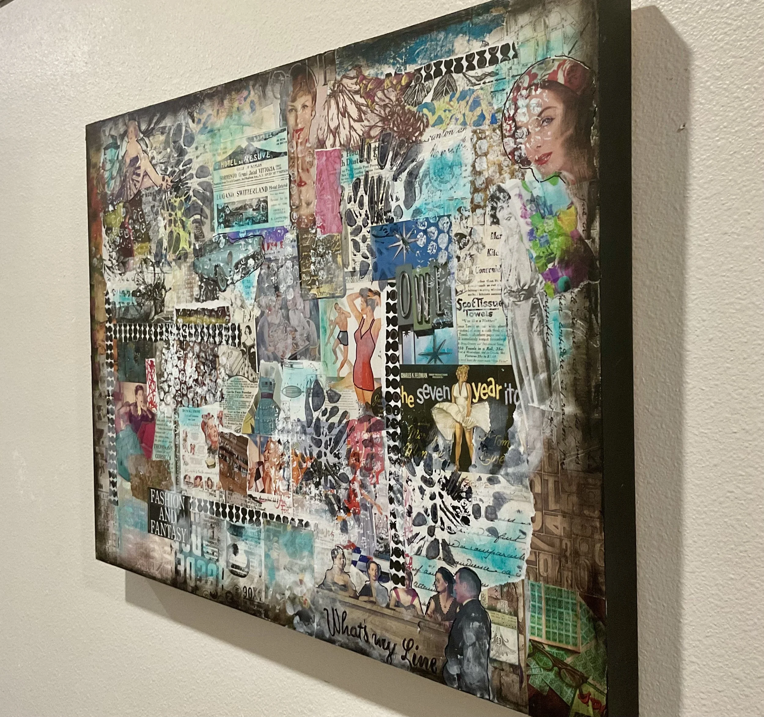 Side view of mixed media retro-themed collage showing the gallery depth (1.5”) edges painted black.  No frame needed.