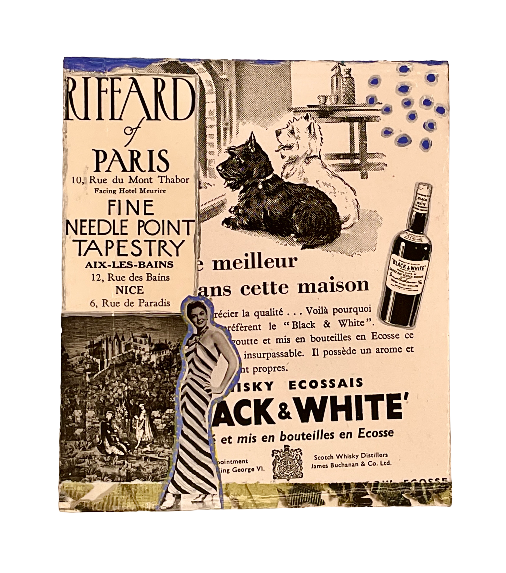 A detailed flat view of a side panel featuring a French "Riffard of Paris Fine Needle Point Tapestry" advertisement alongside "Black & White Scotch Whisky" graphics and a fashion model print.