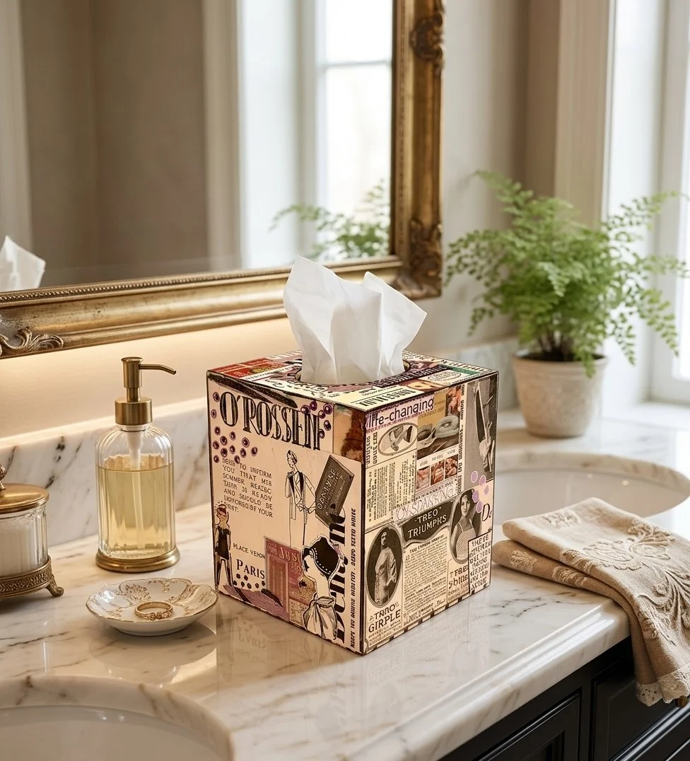 Three-quarter perspective views of a square decoupage tissue box cover featuring dynamic vintage advertisements, bold black-and-white typography, fashion illustrations, and crimson border accents.